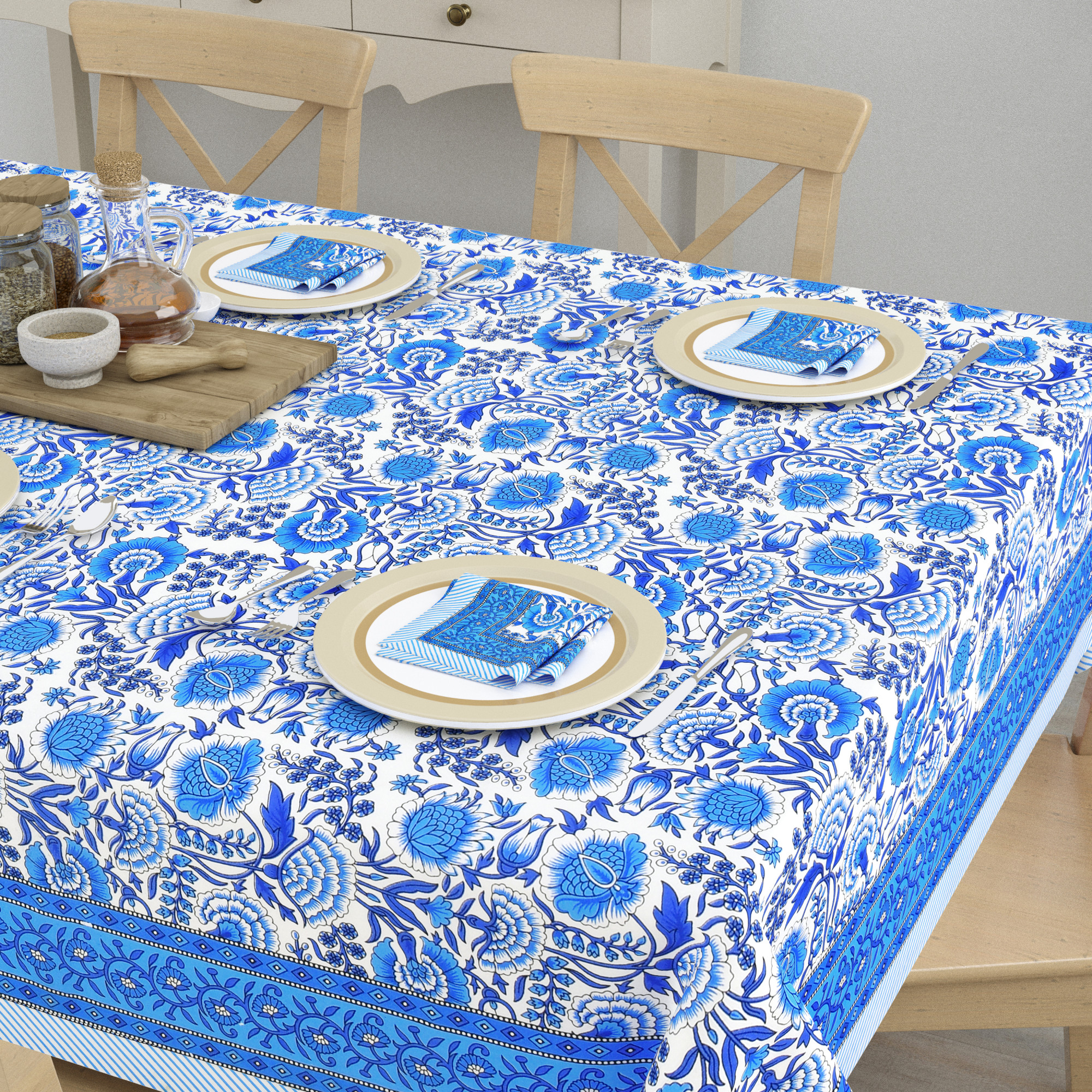 Blue Floral Cotton Hand Block Printed Table Cover With 6 Napkins for 6 Seater Dining Table 6 Napkins 1 Table Cover
