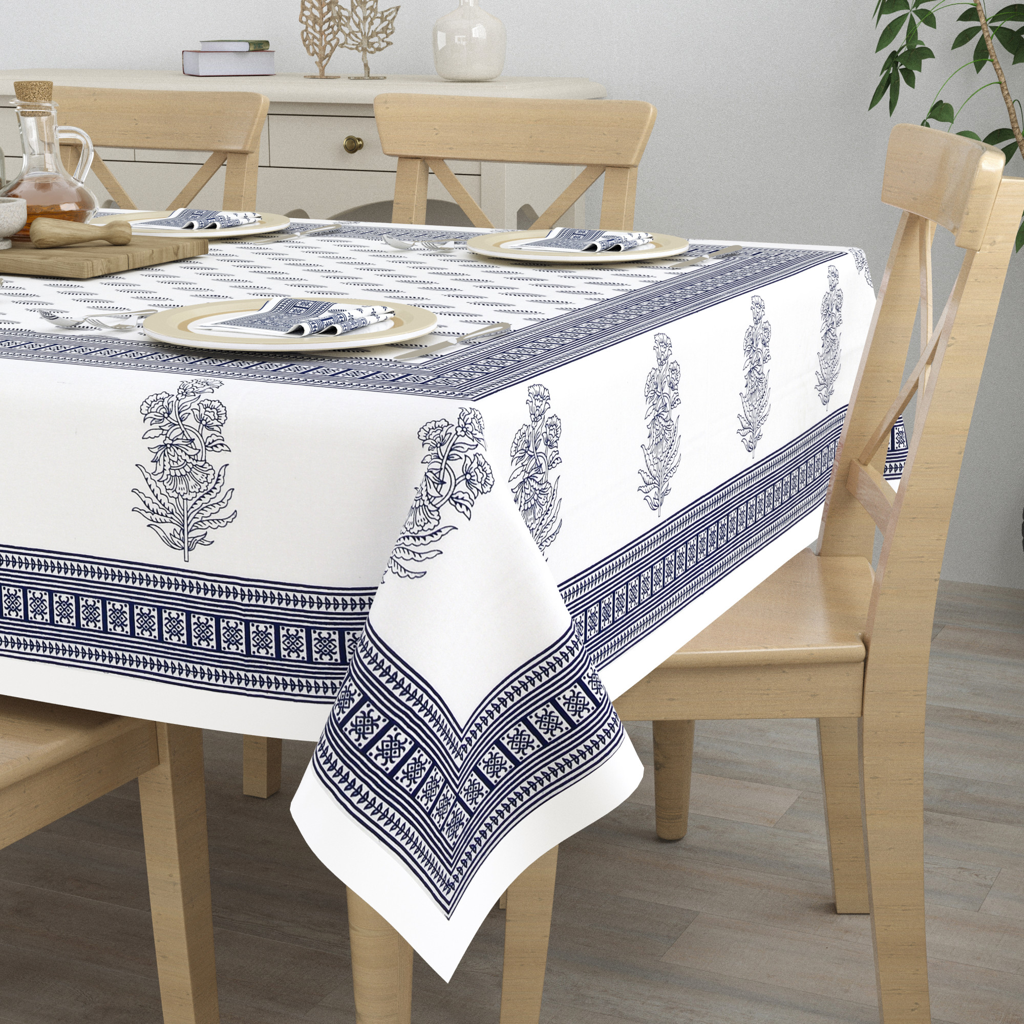 Grey Floral Cotton Hand Block Printed Table Cover With 6 Napkins for 6 Seater Dining Table 6 Napkins 1 Table Cover