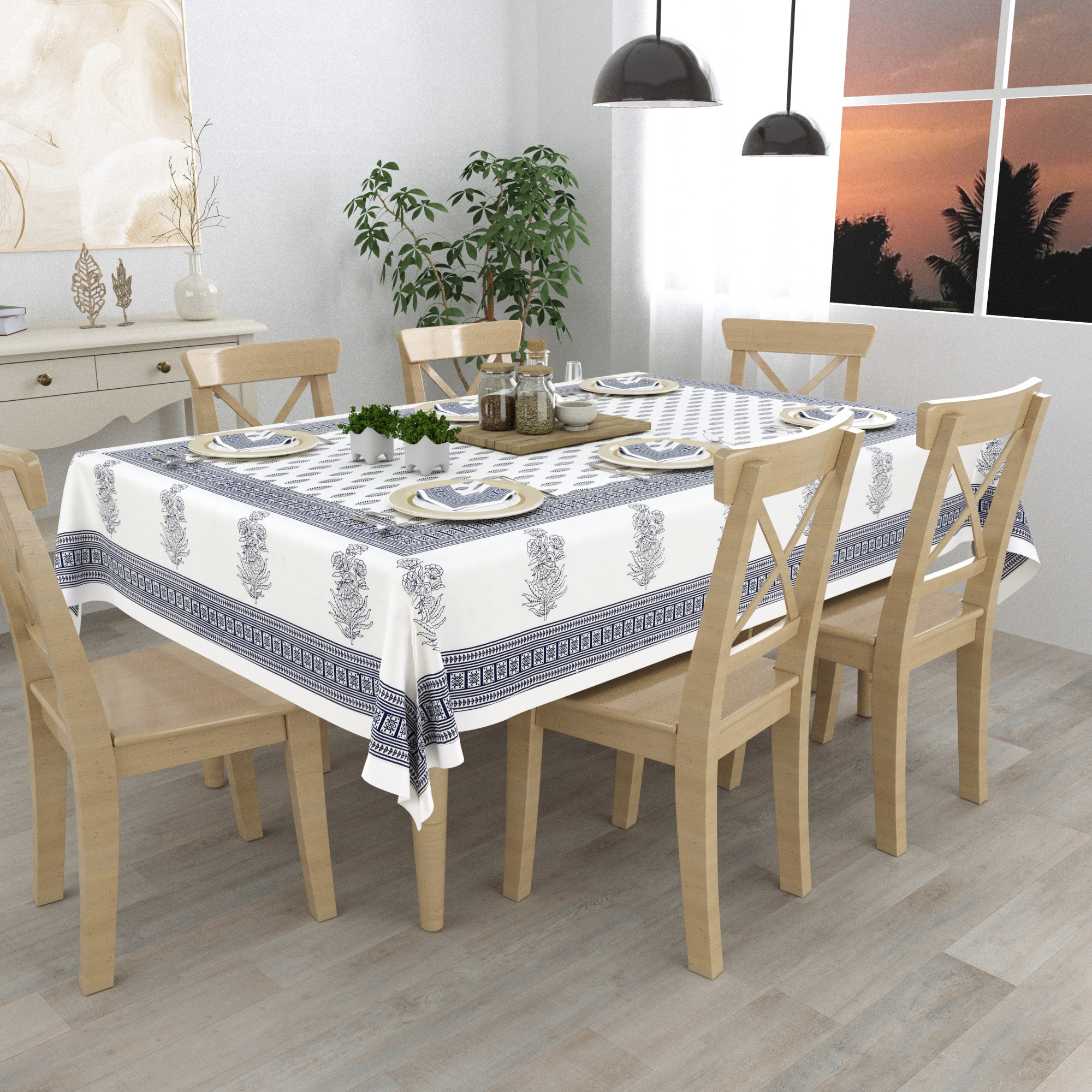 Grey Floral Cotton Hand Block Printed Table Cover With 6 Napkins for 6 Seater Dining Table 6 Napkins 1 Table Cover