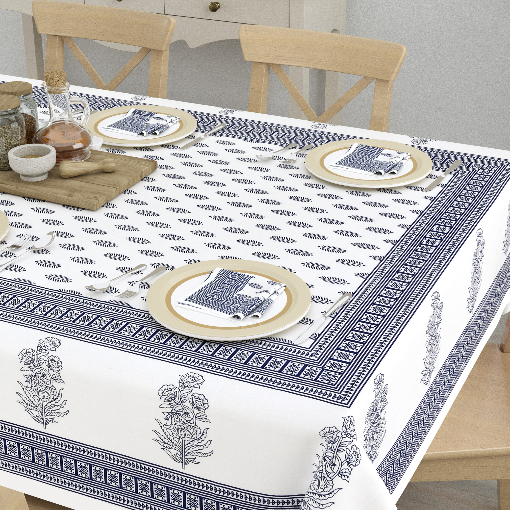 Grey Floral Cotton Hand Block Printed Table Cover With 6 Napkins for 6 Seater Dining Table 6 Napkins 1 Table Cover