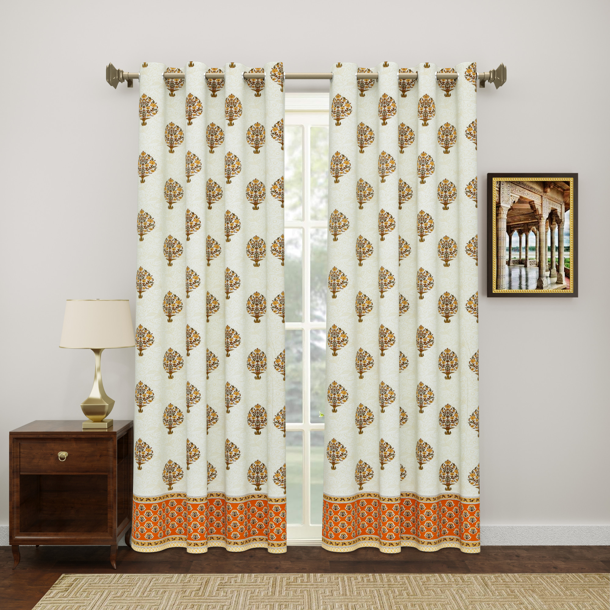 Yellow Floral Bouquet 100 Cotton Ethnic Room Darkening Curtains Pack Of 2 Curtains