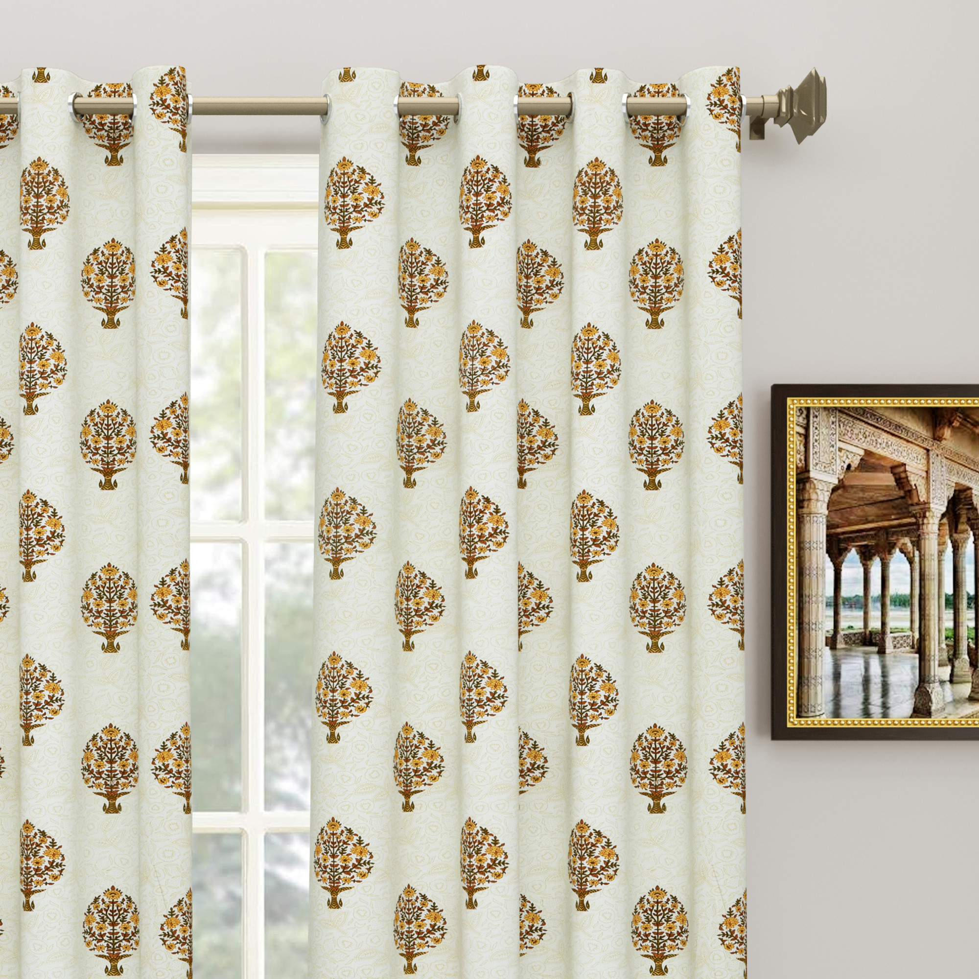 Yellow Floral Bouquet 100 Cotton Ethnic Room Darkening Curtains Pack Of 2 Curtains