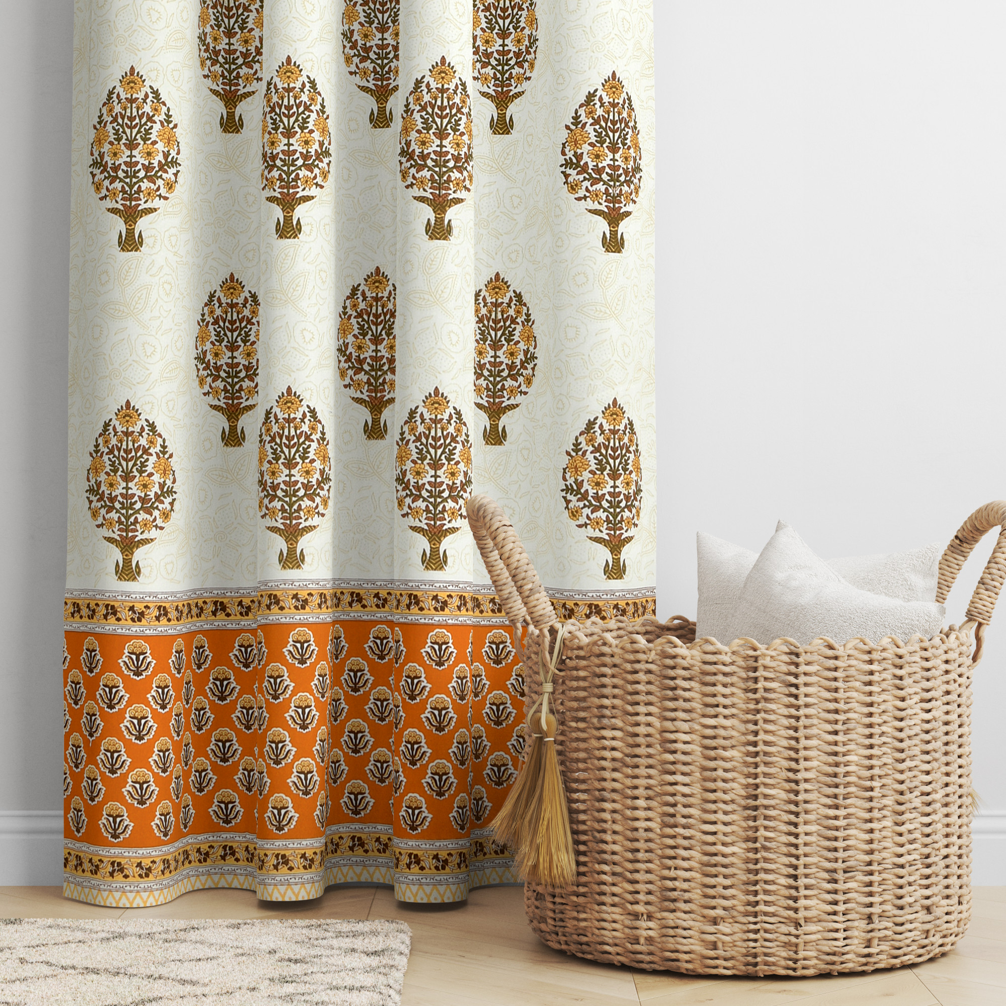 Yellow Floral Bouquet 100 Cotton Ethnic Room Darkening Curtains Pack Of 2 Curtains