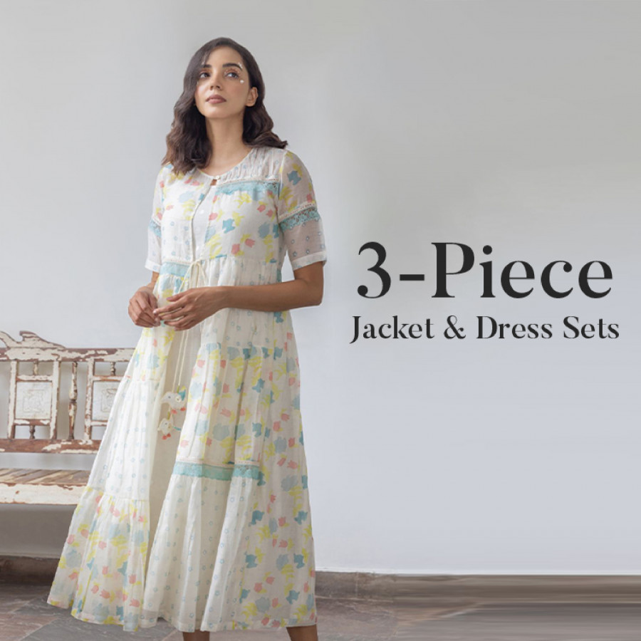 Category Alt Occasion Wear Dresses: Cotton Tier, 3 Piece Jacket &amp; Dress Sets