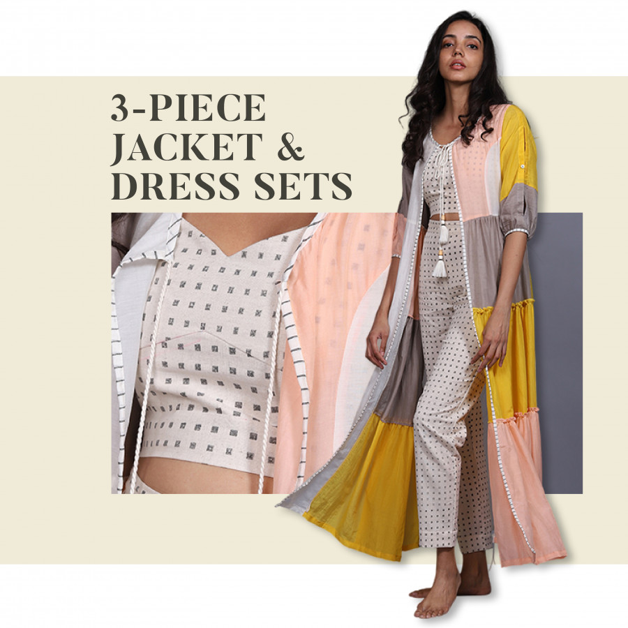Category Alt Occasion Wear Dresses: Cotton Tier, 3 Piece Jacket &amp; Dress Sets