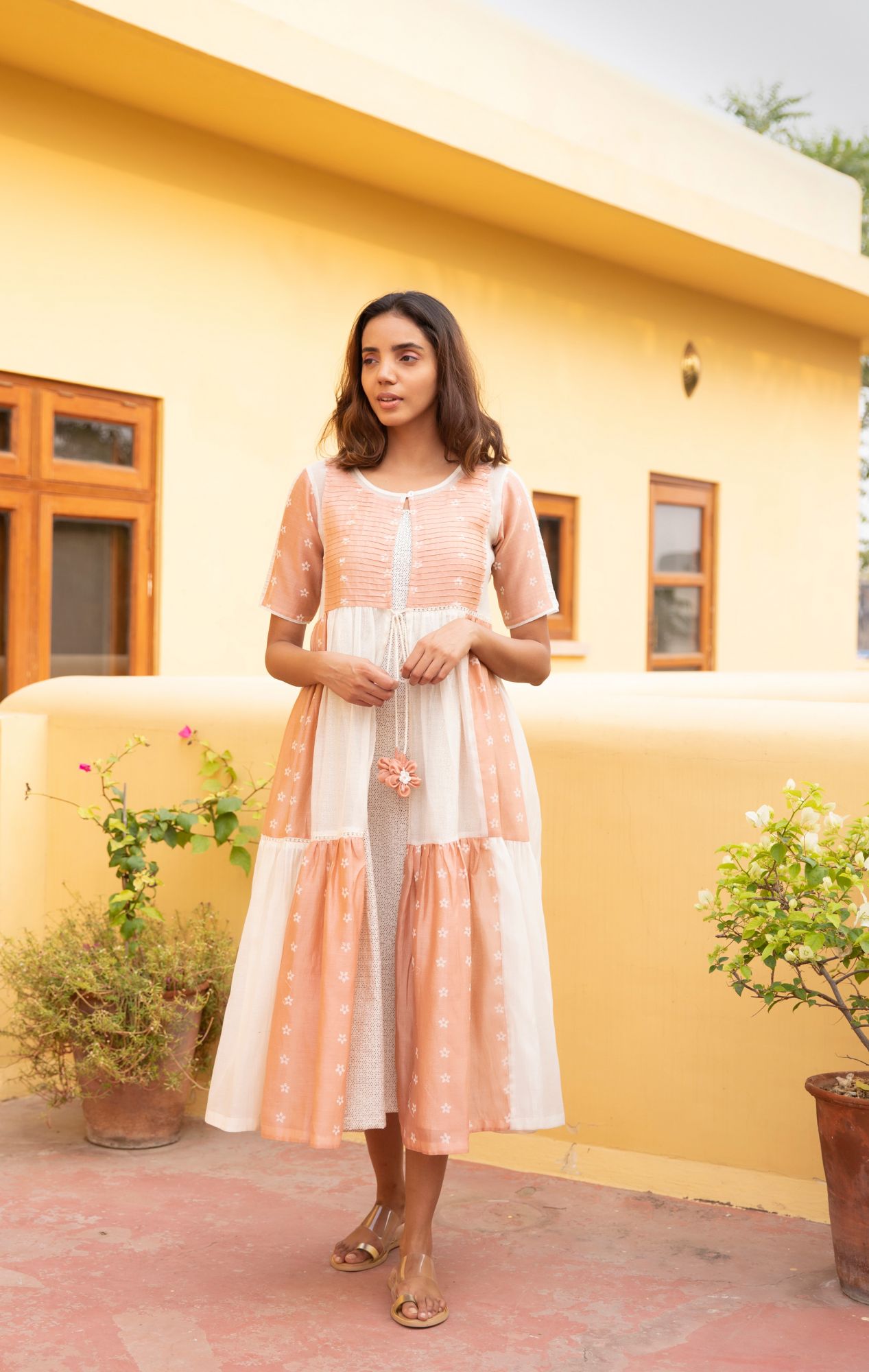 Rose Gold Mogra Chanderi Cotton Tiered Jacket Dress