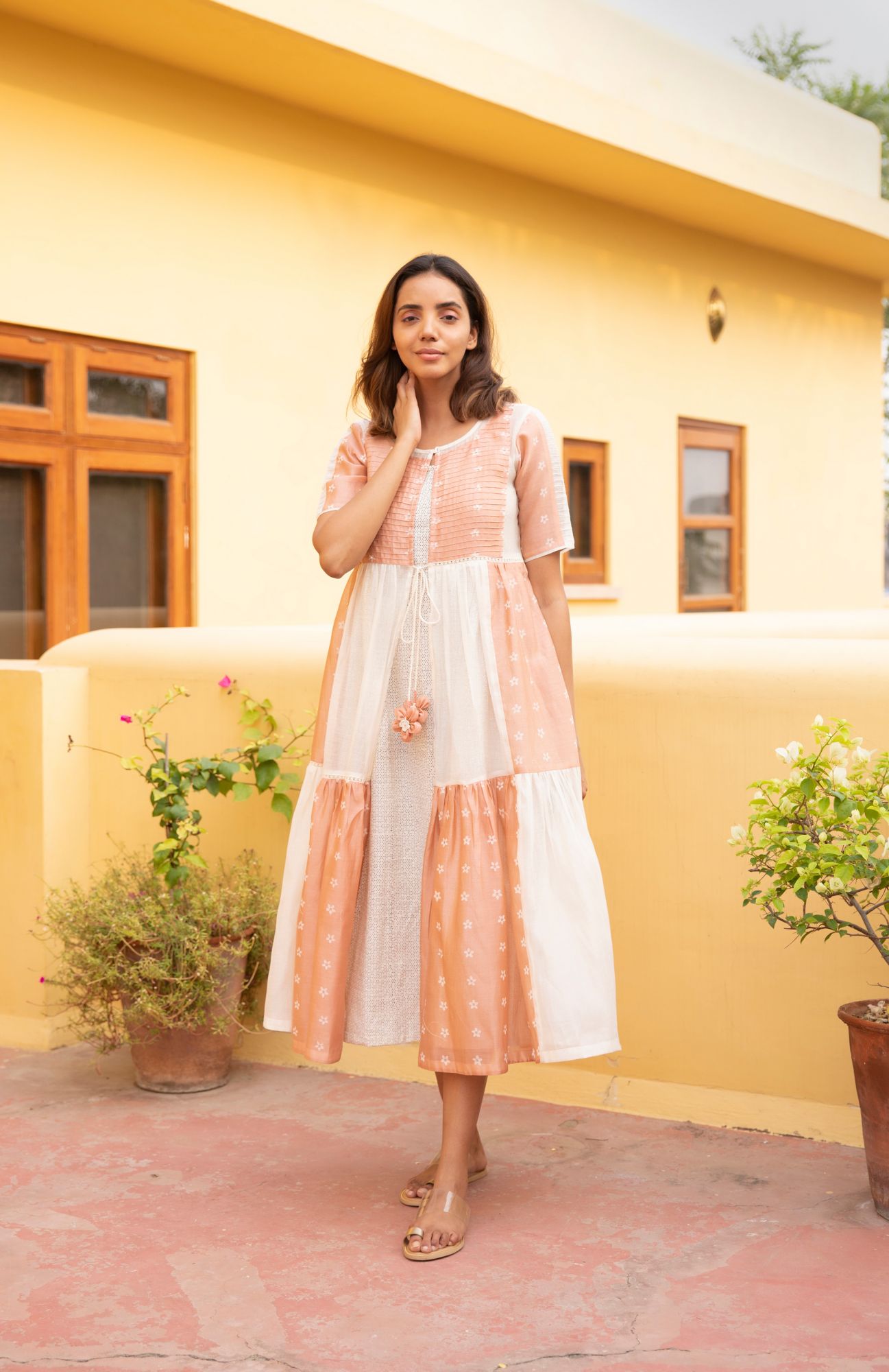 Rose Gold Mogra Chanderi Cotton Tiered Jacket Dress