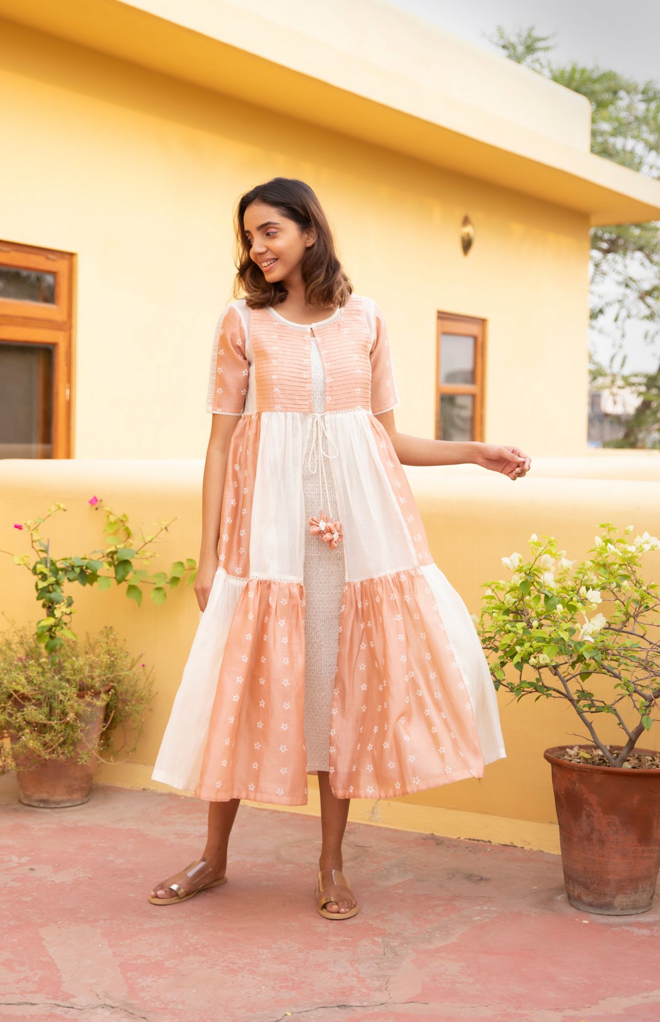Rose Gold Mogra Chanderi Cotton Tiered Jacket Dress