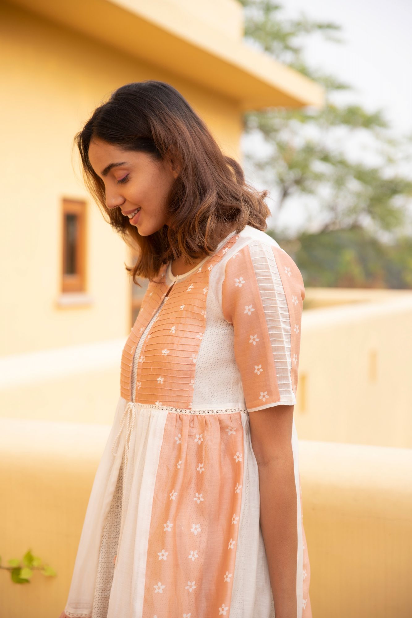 Rose Gold Mogra Chanderi Cotton Tiered Jacket Dress