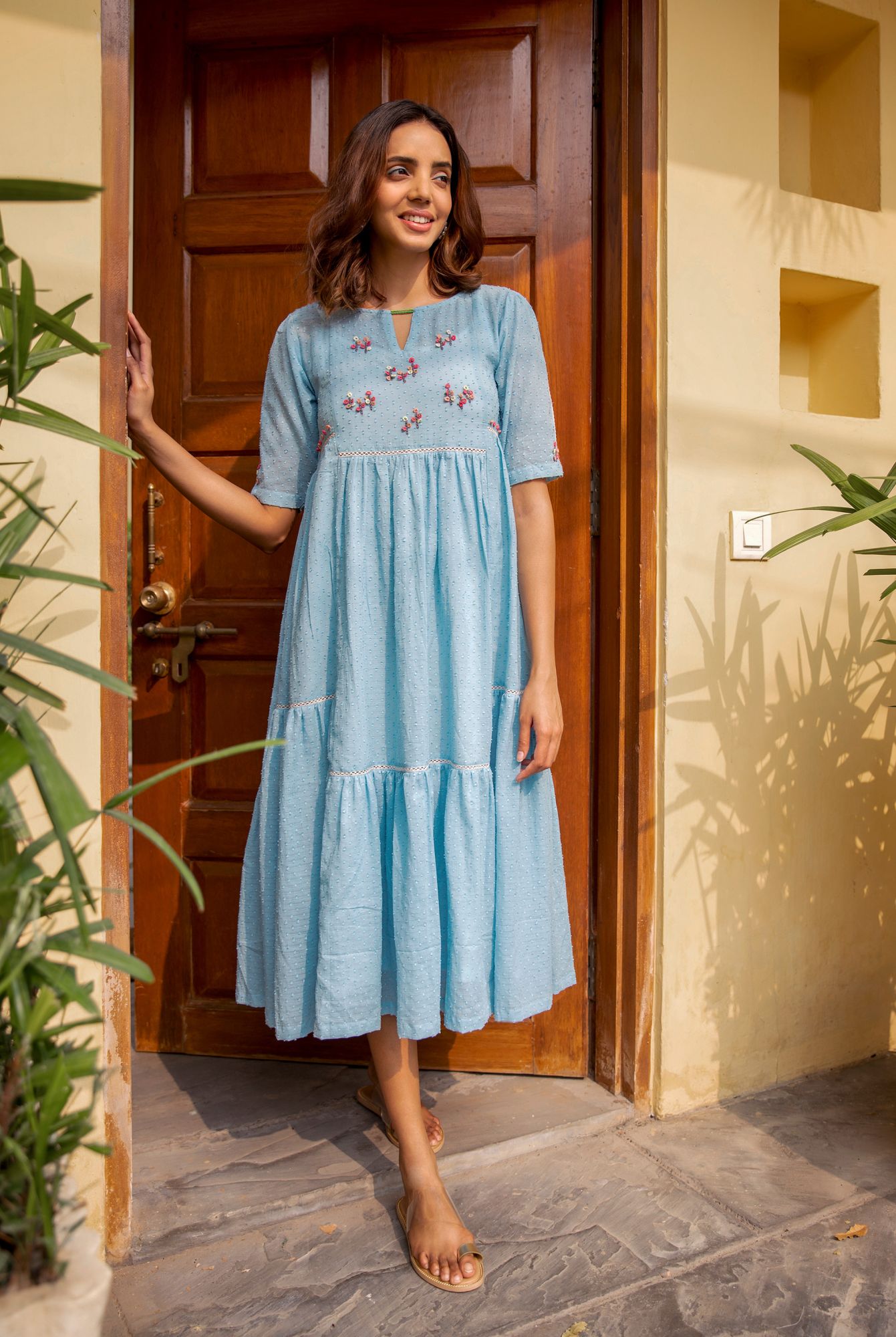 Blue Poppy Cotton Dobby Dress