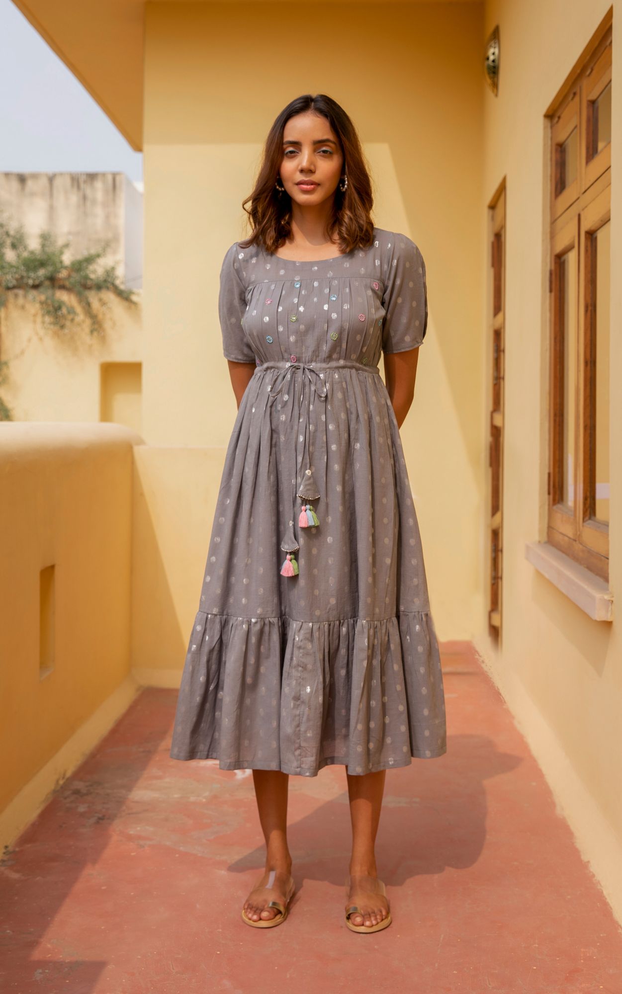 Grey Cotton Lurex Shimmer Dress