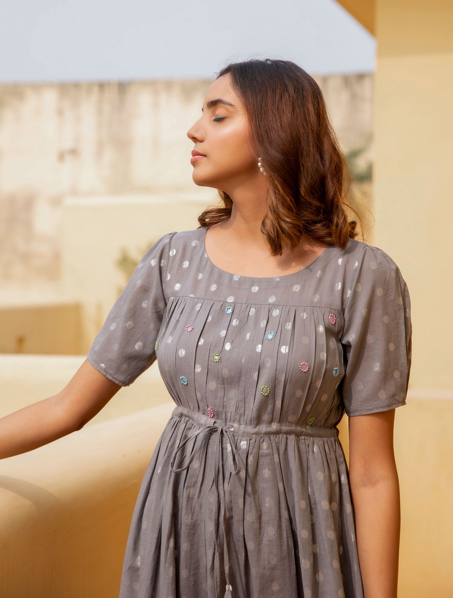 Grey Cotton Lurex Shimmer Dress
