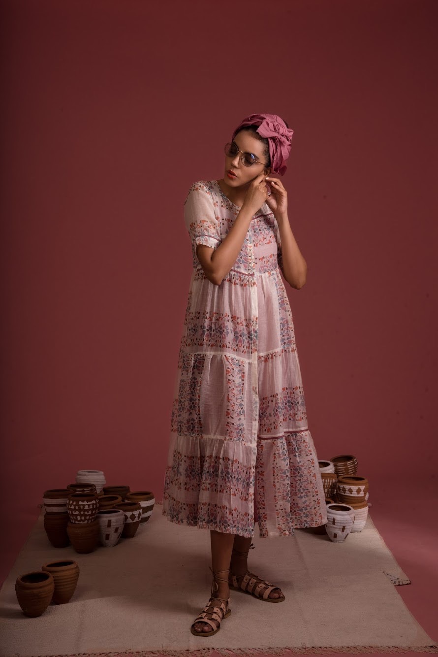 Afro Chanderi Cotton Block Printed Tiered Dress
