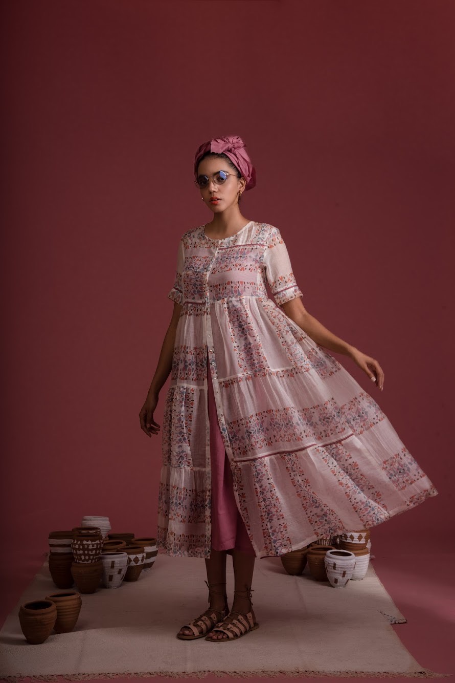 Afro Chanderi Cotton Block Printed Tiered Dress
