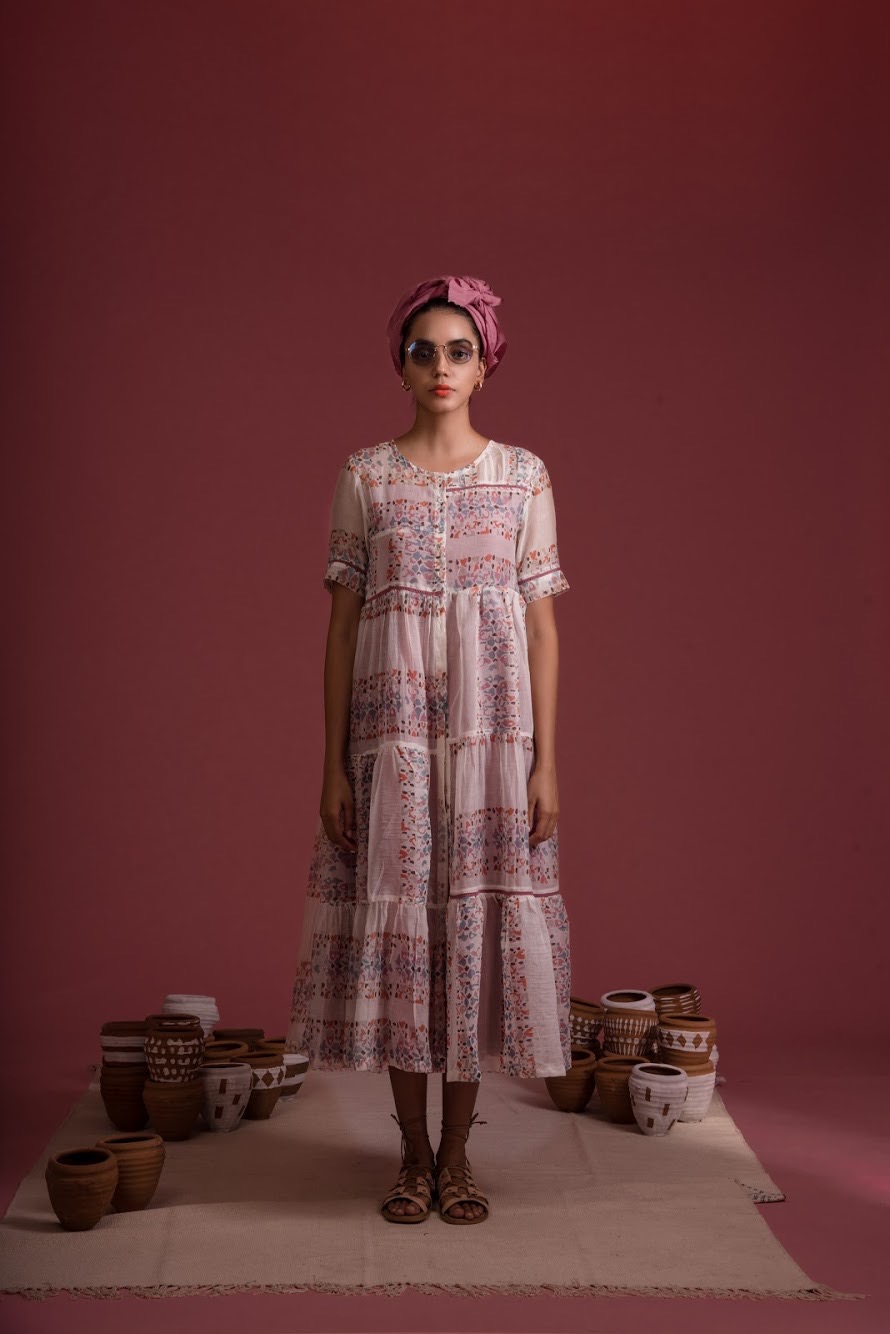 Afro Chanderi Cotton Block Printed Tiered Dress