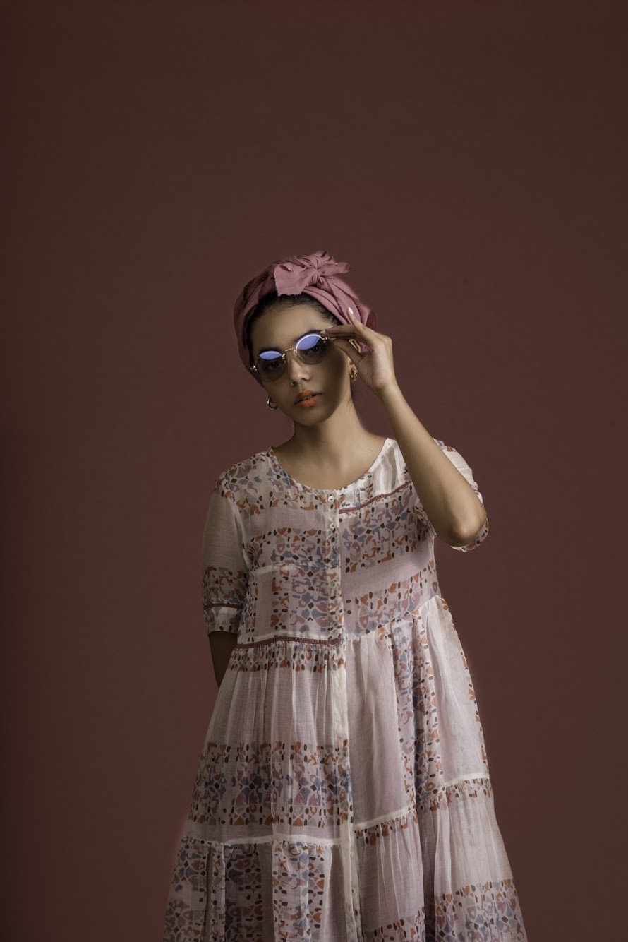 Afro Chanderi Cotton Block Printed Tiered Dress