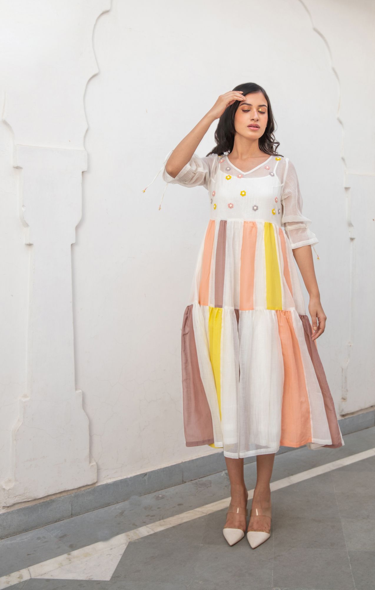 Phoolkali Chanderi Cotton Dress - Yellow