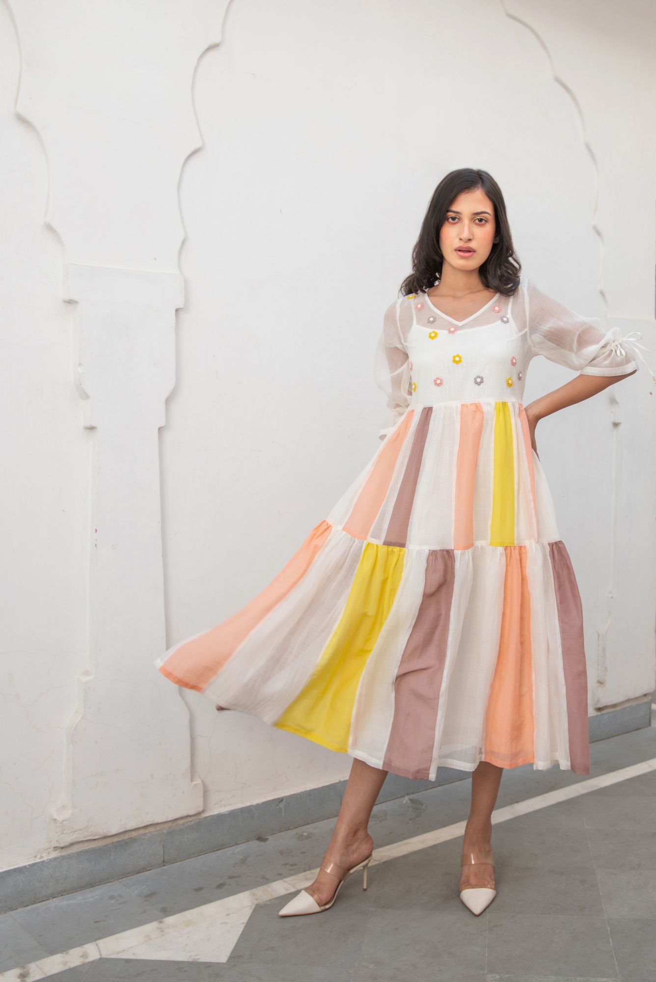 Phoolkali Chanderi Cotton Dress - Yellow