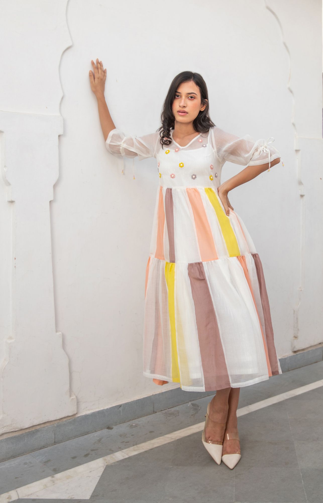 Phoolkali Chanderi Cotton Dress - Yellow