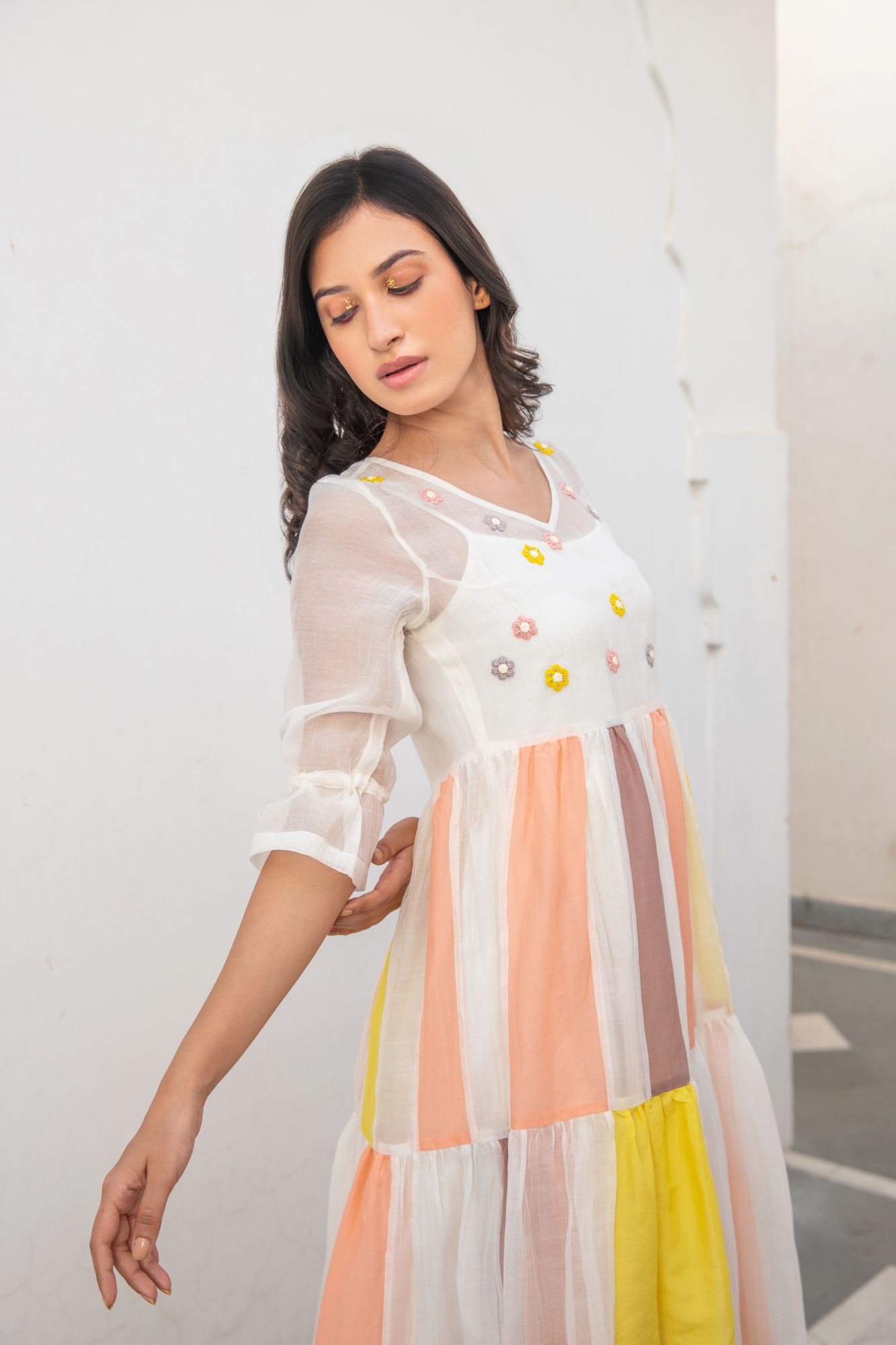 Phoolkali Chanderi Cotton Dress - Yellow