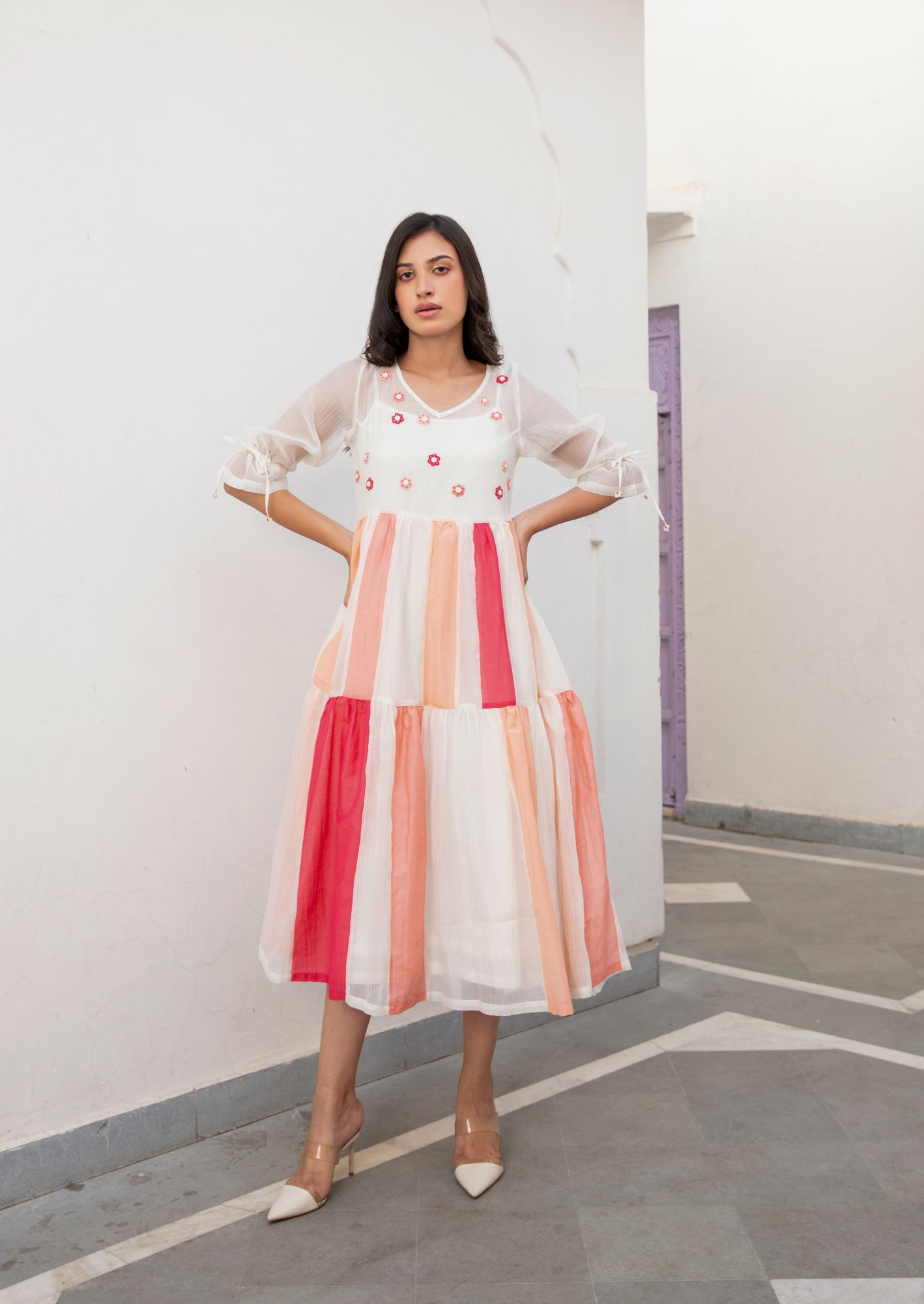 Phoolkali Chanderi Cotton Dress - Peach