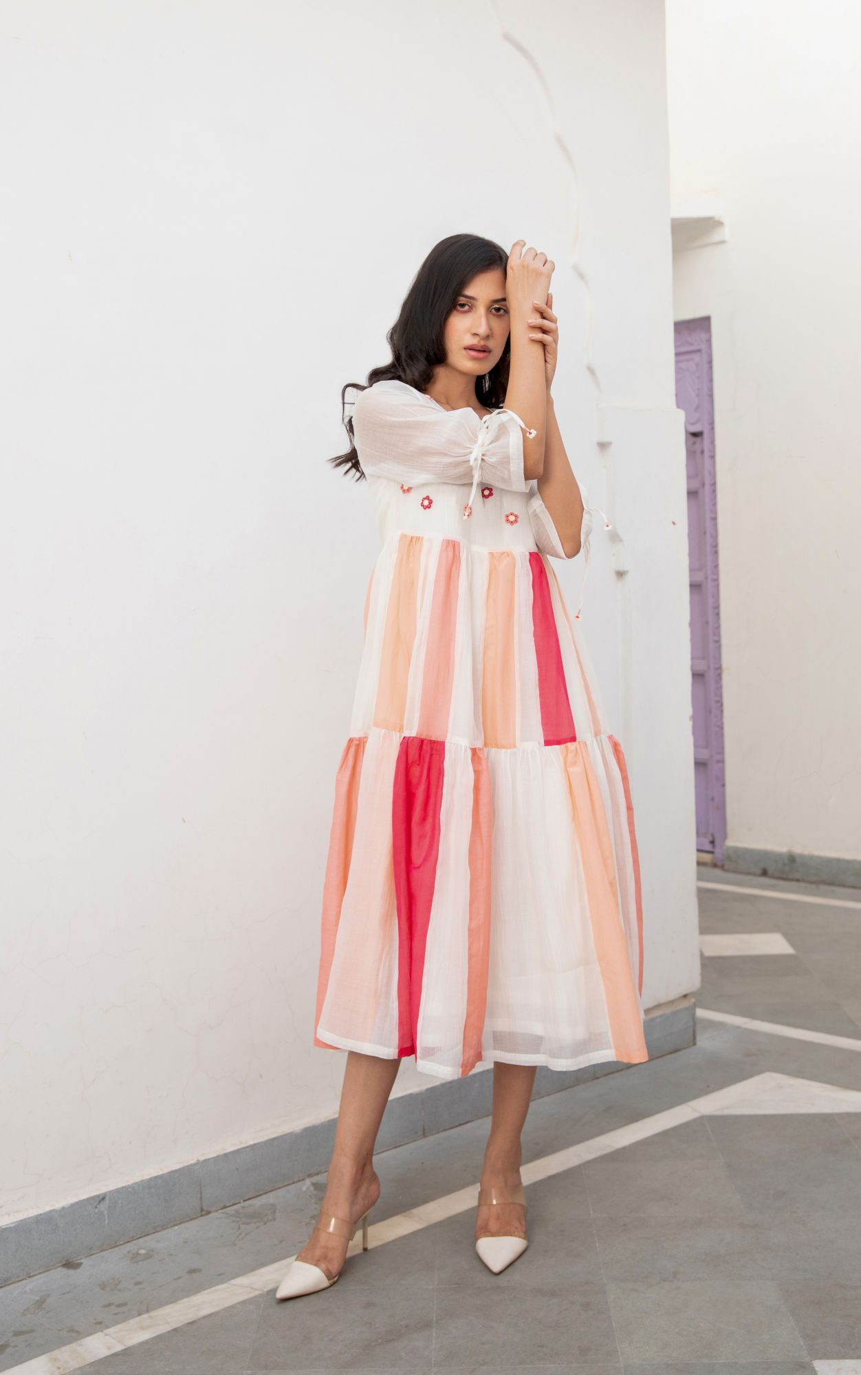 Phoolkali Chanderi Cotton Dress - Peach