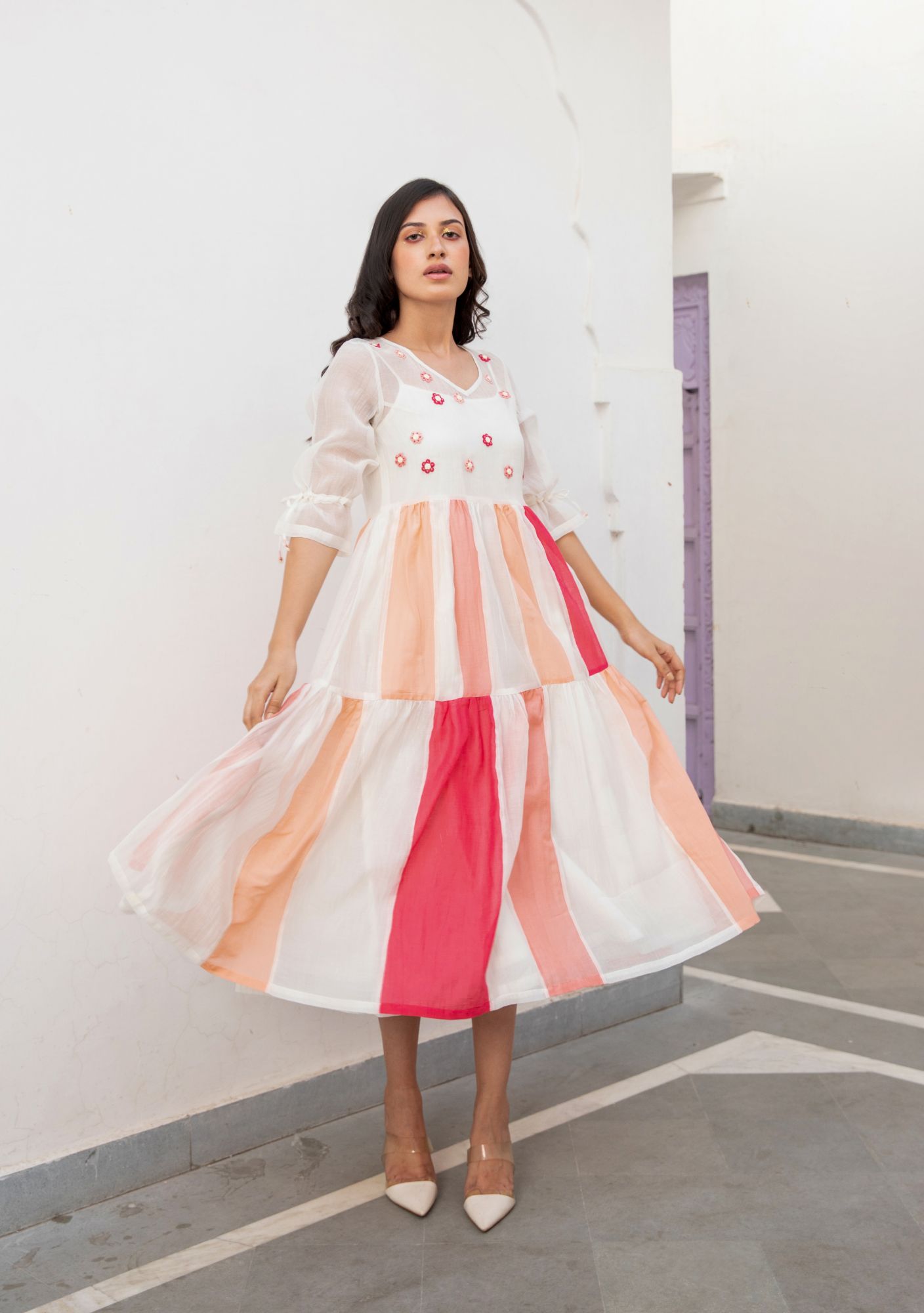 Phoolkali Chanderi Cotton Dress - Peach