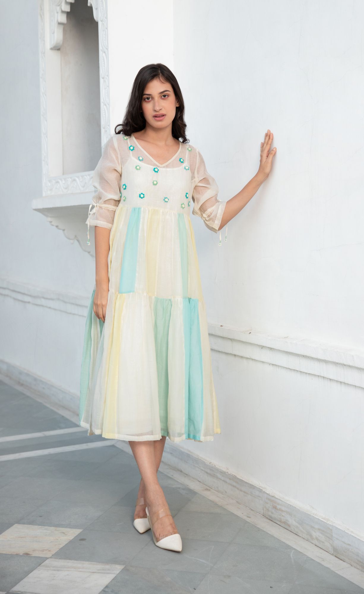 Phoolkali Chanderi Cotton Dress - Aqua