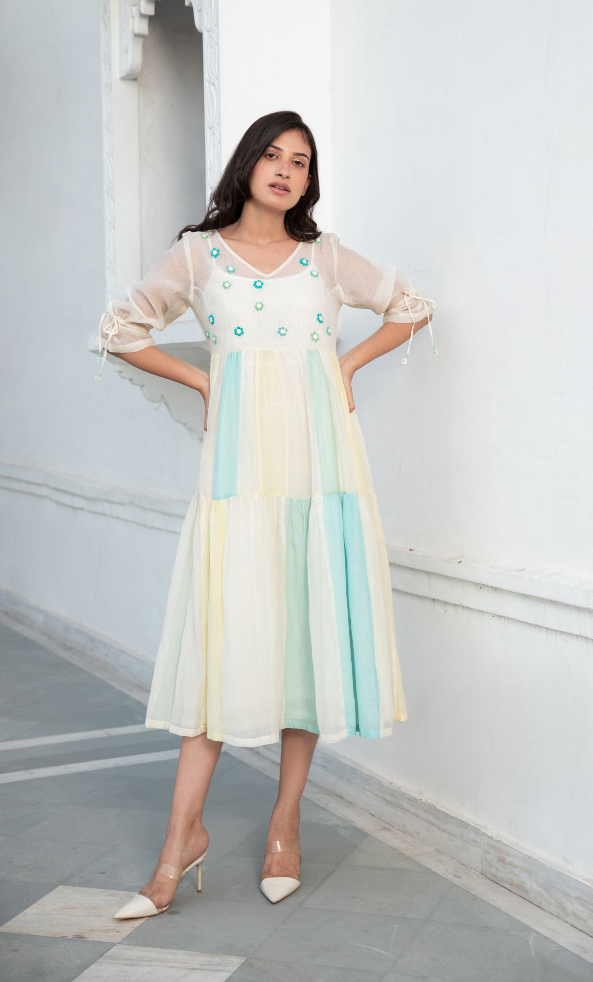 Phoolkali Chanderi Cotton Dress - Aqua
