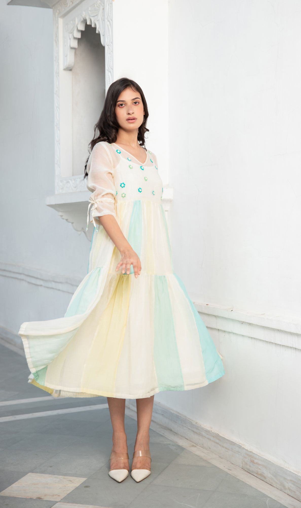 Phoolkali Chanderi Cotton Dress - Aqua