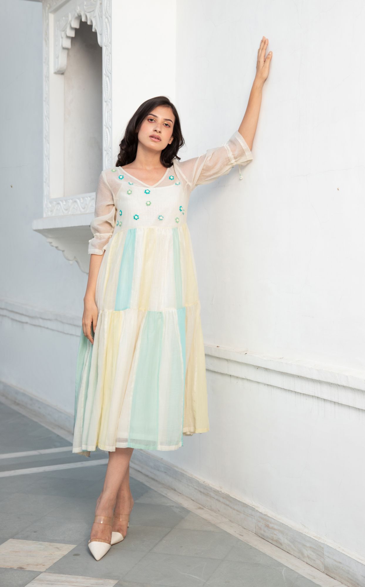 Phoolkali Chanderi Cotton Dress - Aqua