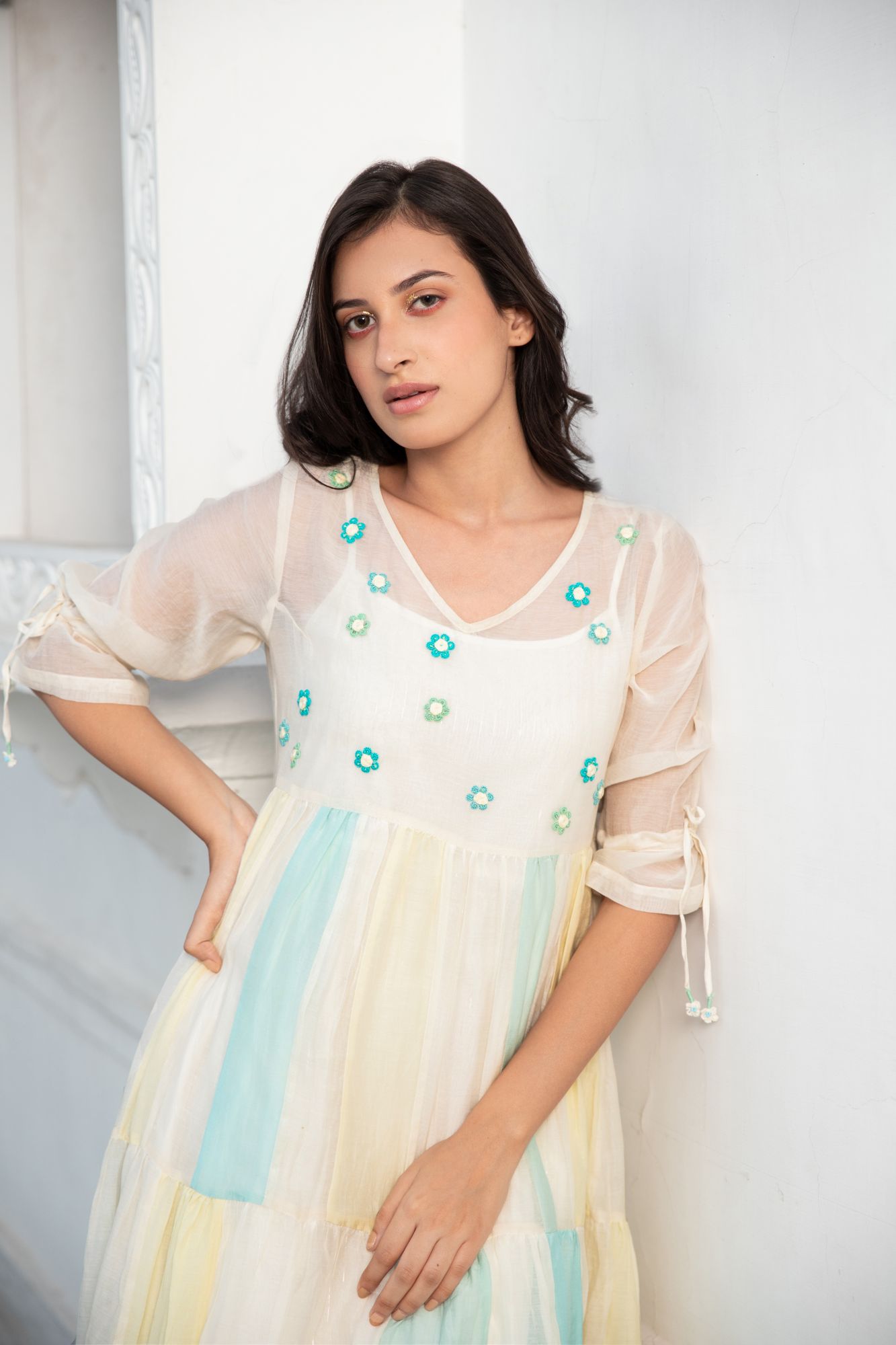 Phoolkali Chanderi Cotton Dress - Aqua
