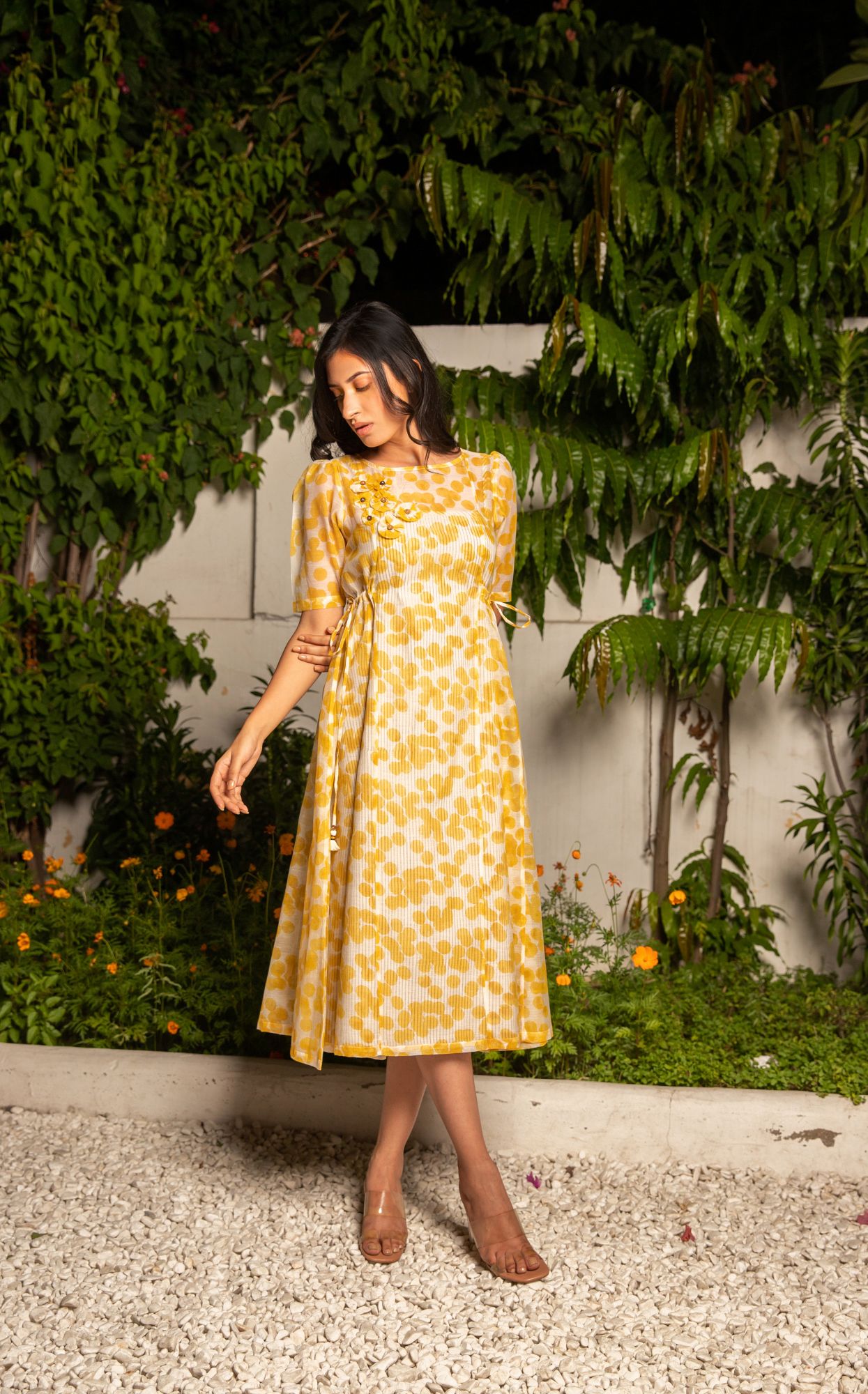 Splash Chanderi Cotton Block Printed Panel Dress - Yellow