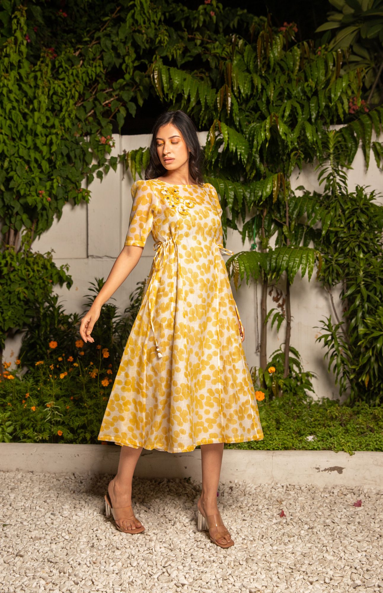 Splash Chanderi Cotton Block Printed Panel Dress - Yellow