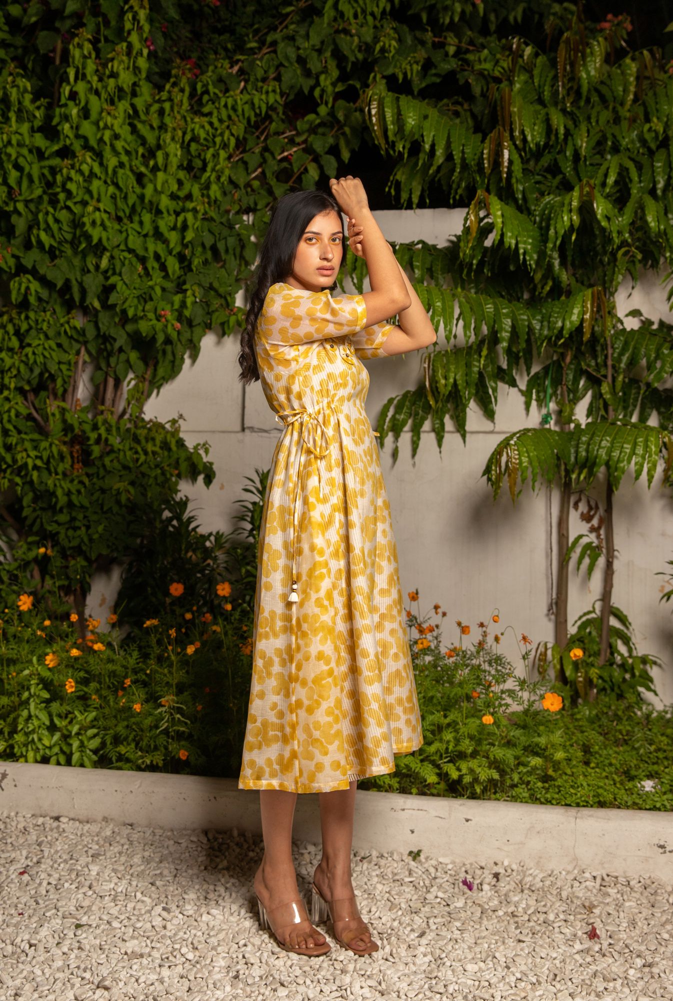 Splash Chanderi Cotton Block Printed Panel Dress - Yellow