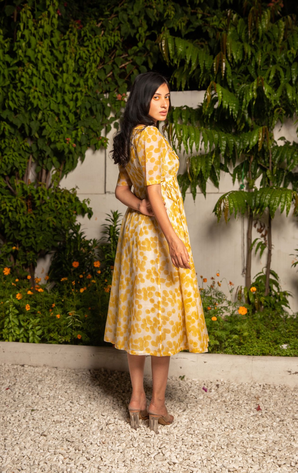 Splash Chanderi Cotton Block Printed Panel Dress - Yellow