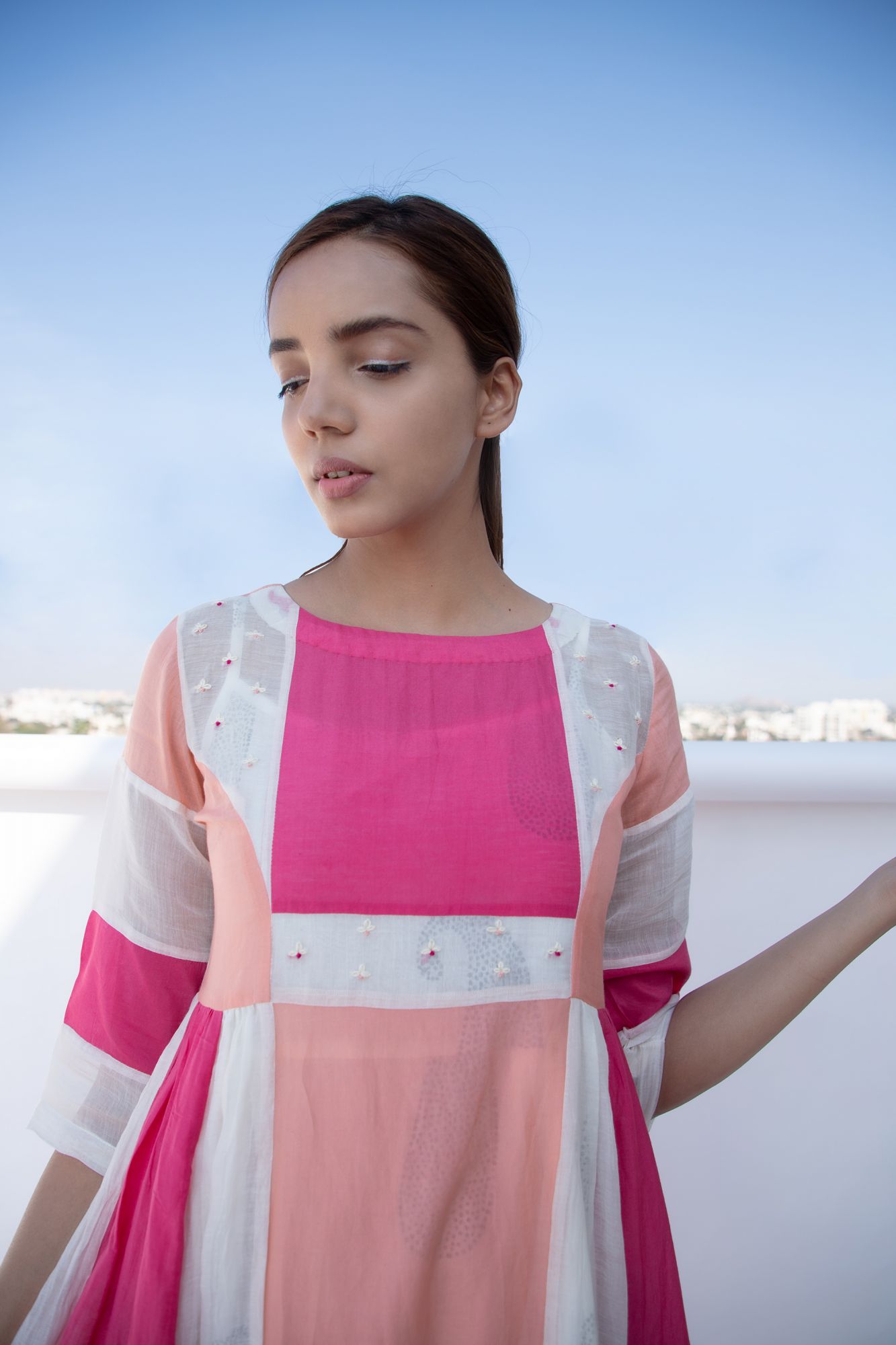 French Knot Cotton Silk Chanderi Panel Dress