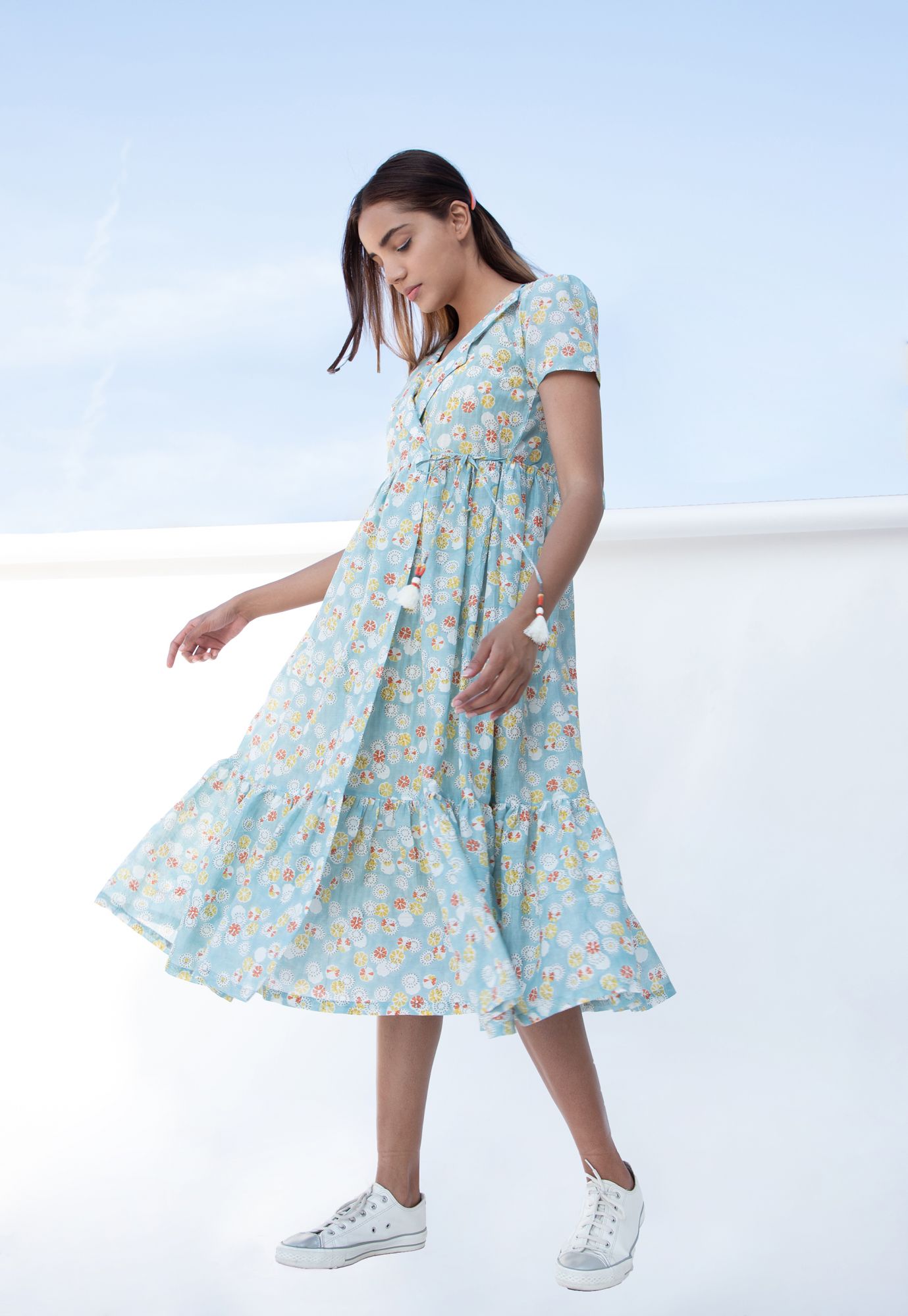 Summer Cotton Silk Block Printed Wrap Dress