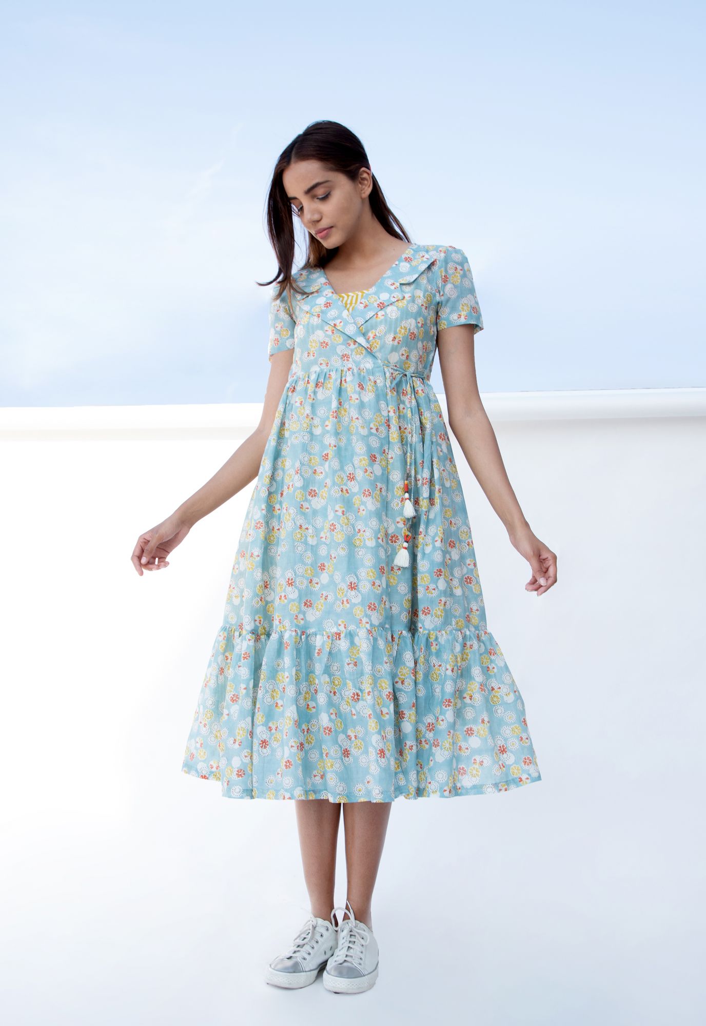 Summer Cotton Silk Block Printed Wrap Dress