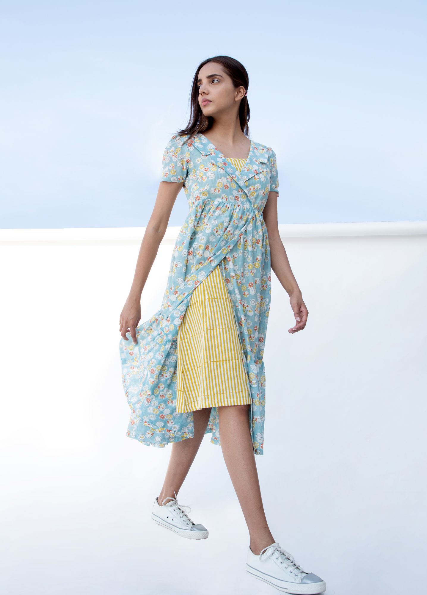 Summer Cotton Silk Block Printed Wrap Dress