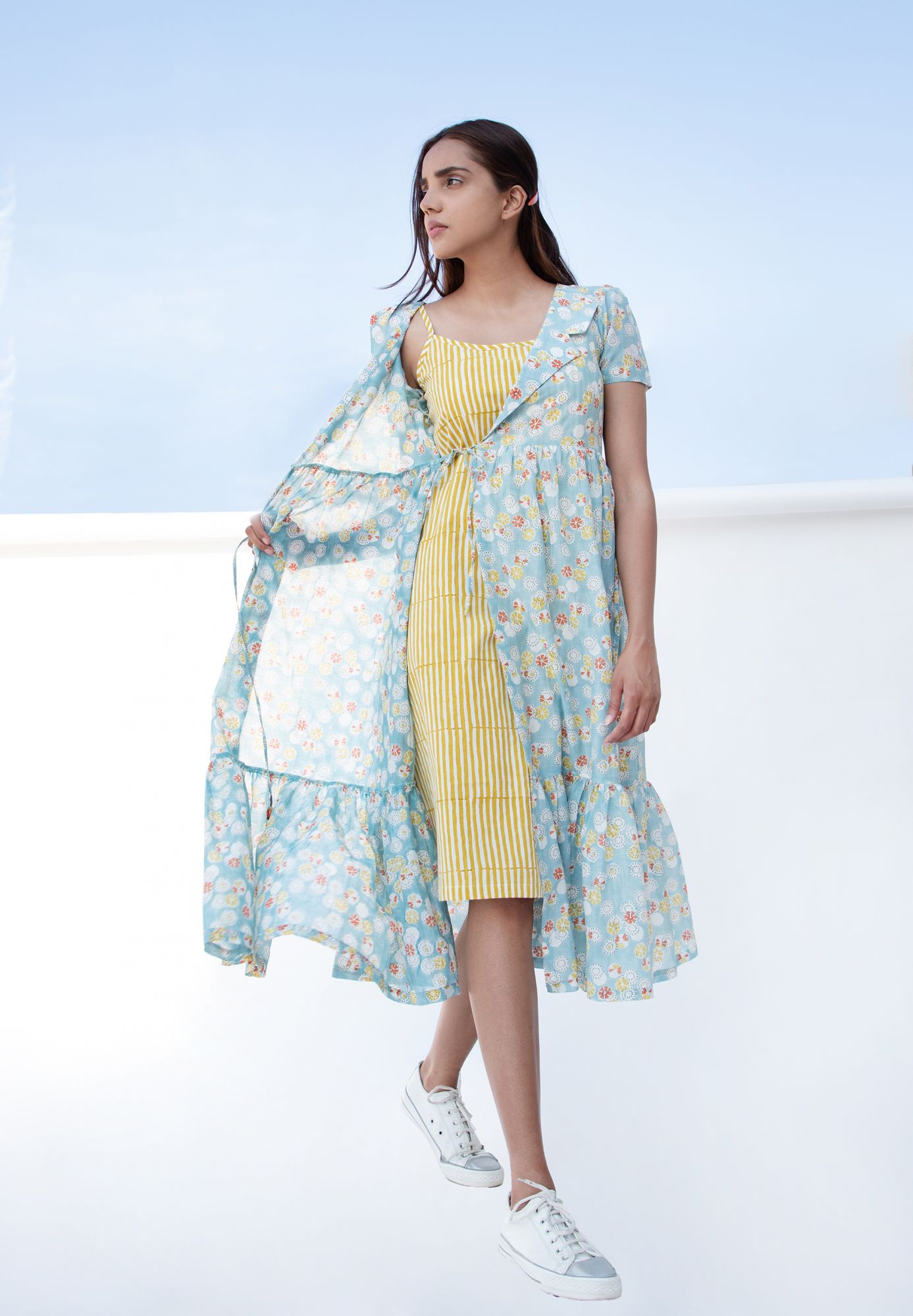Summer Cotton Silk Block Printed Wrap Dress