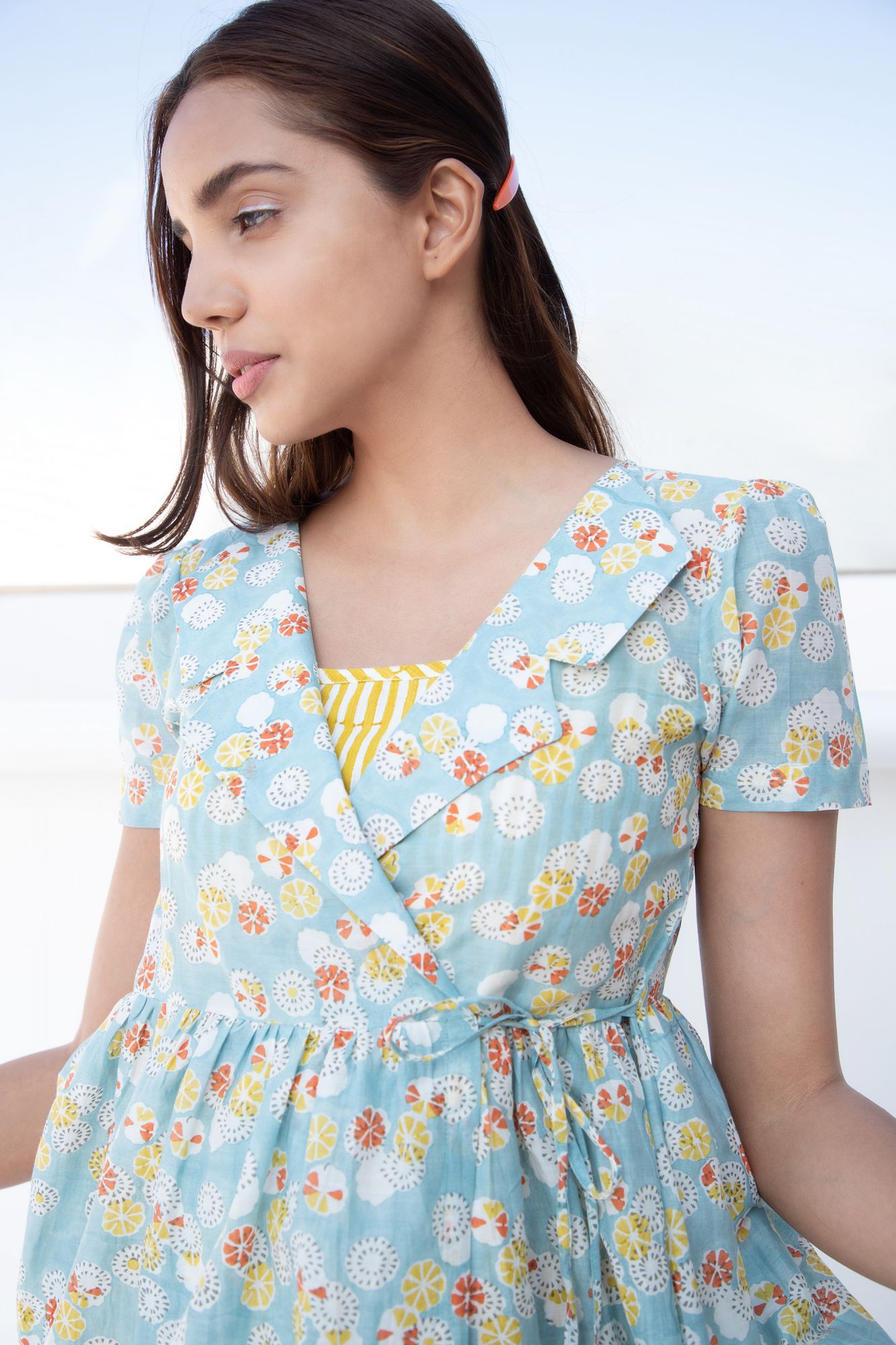 Summer Cotton Silk Block Printed Wrap Dress