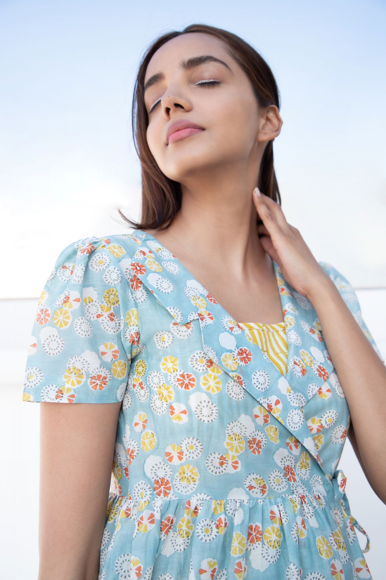 Summer Cotton Silk Block Printed Wrap Dress