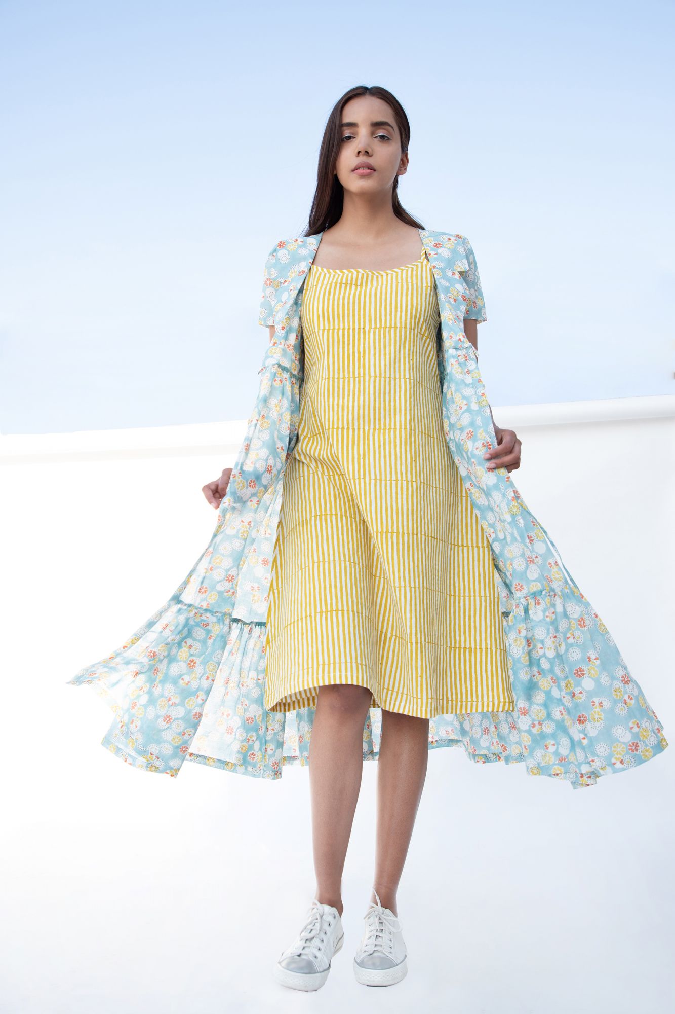 Summer Cotton Silk Block Printed Wrap Dress