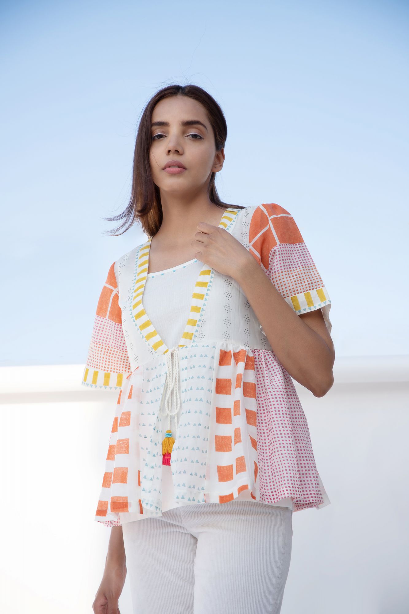 Summer Cotton Silk Block Printed Shrug Top