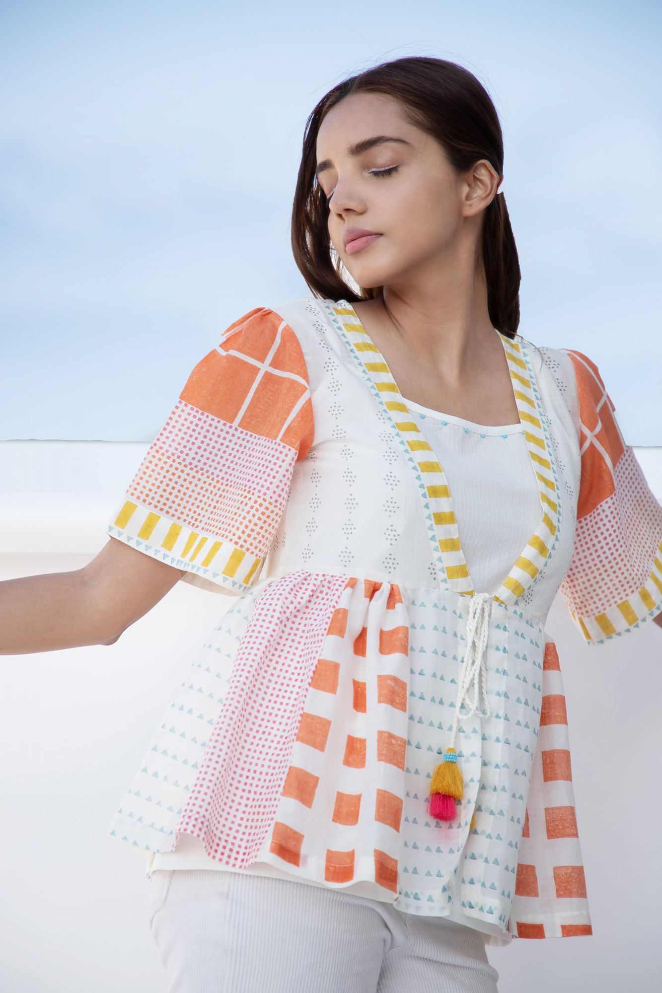 Summer Cotton Silk Block Printed Shrug Top