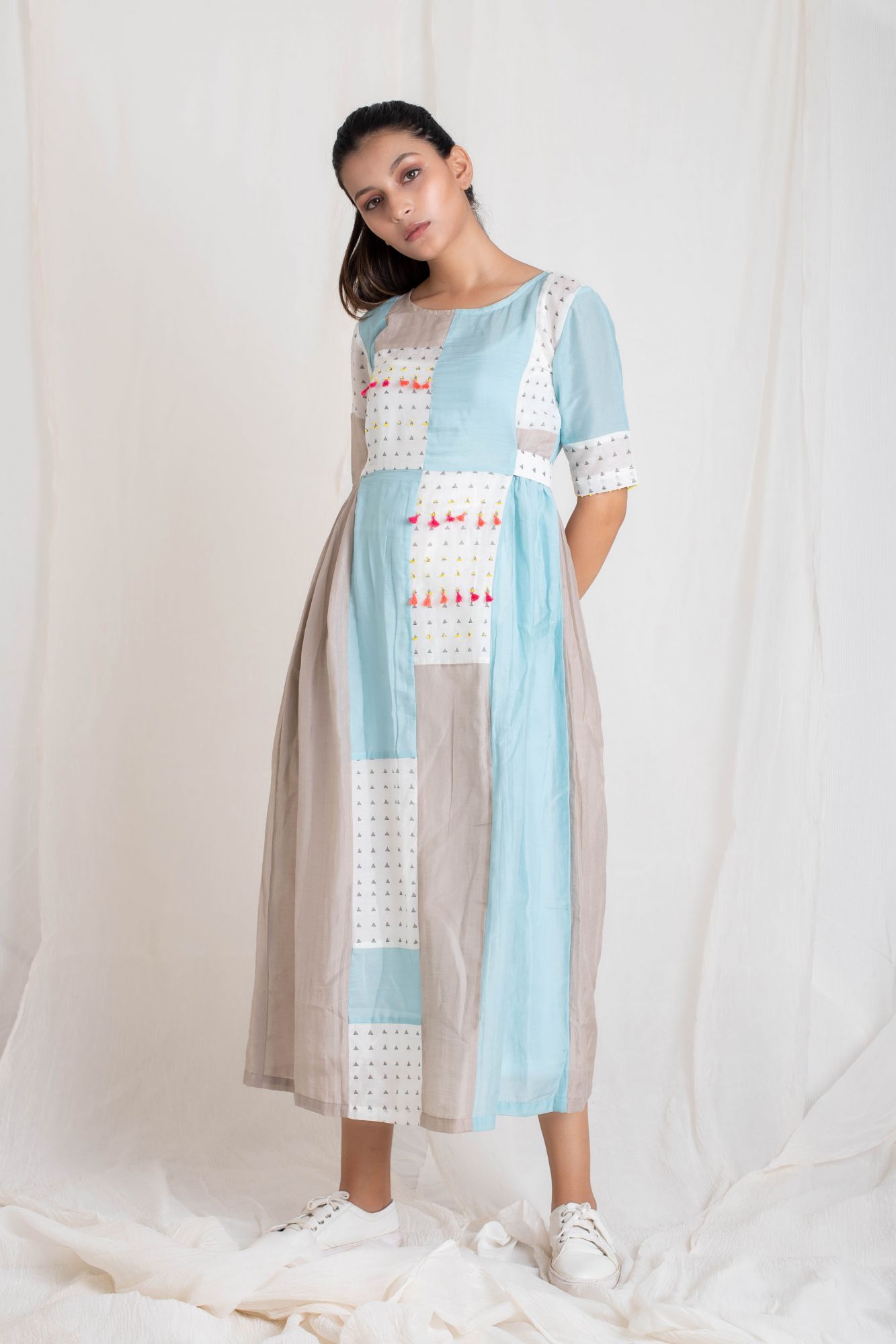 Cotton Silk Block Printed Patch work dress