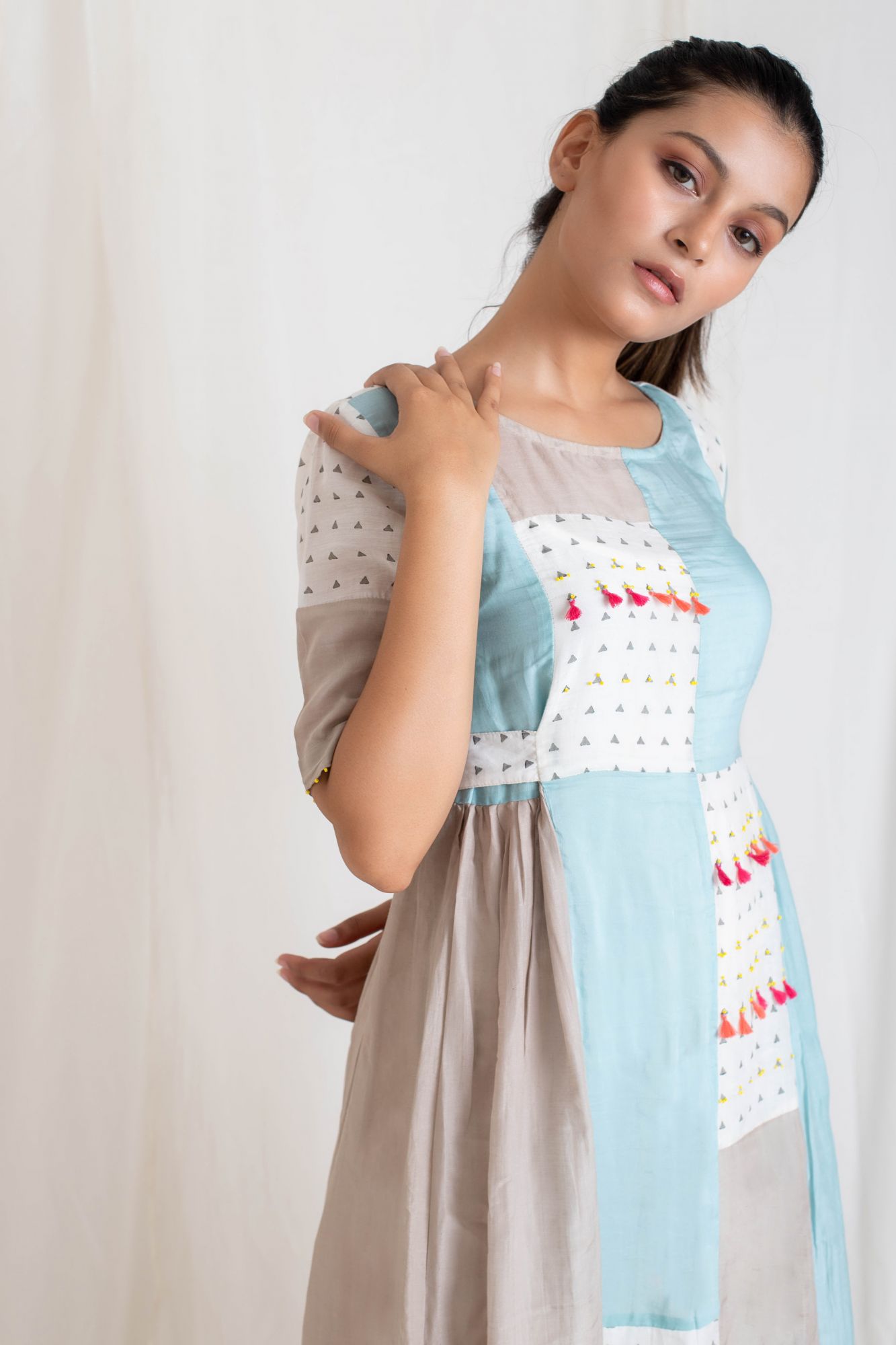 Cotton Silk Block Printed Patch work dress