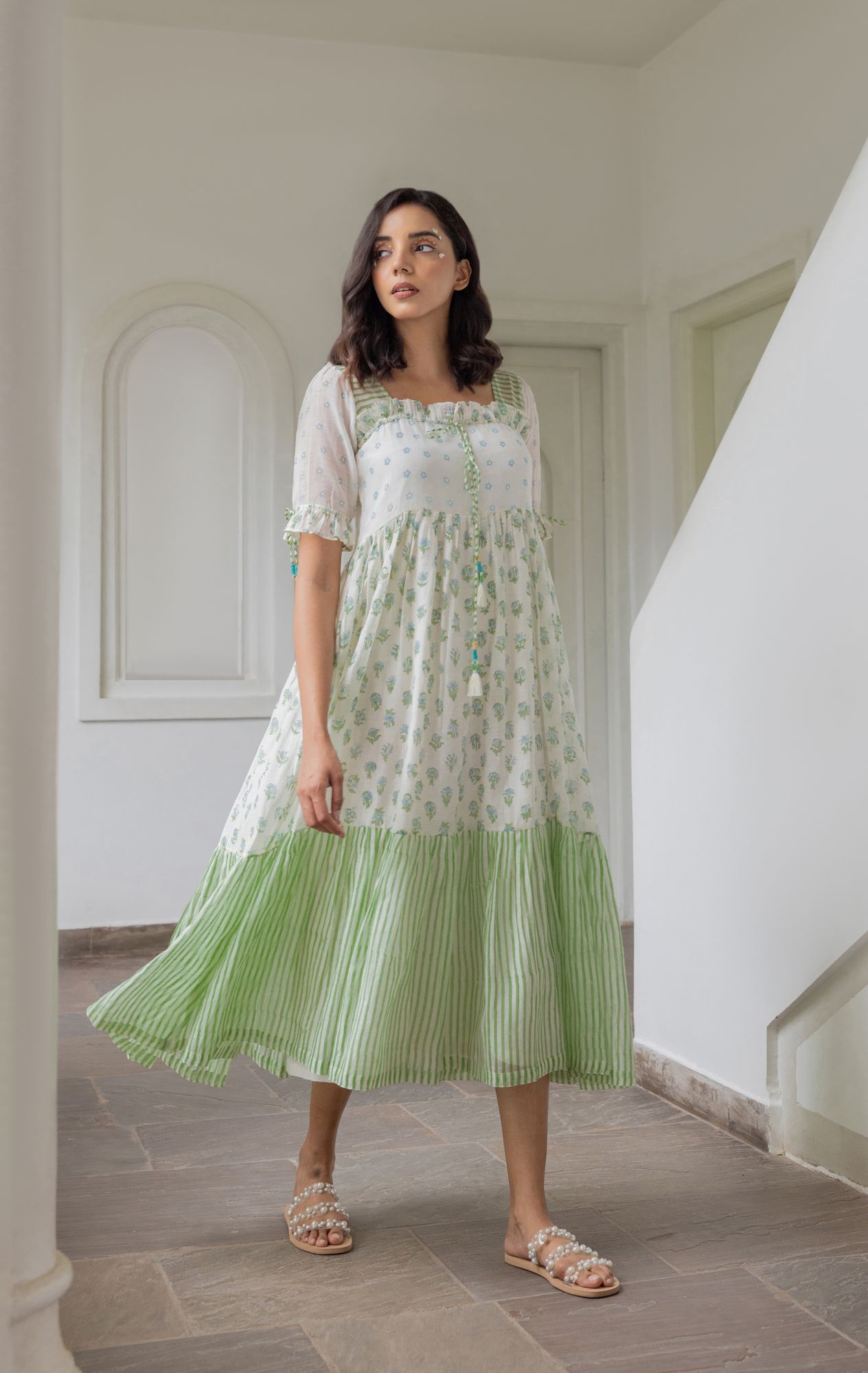 chanderi cotton dress Redefine elegance with our Blush Pink Mul Chanderi A-Line Dress where timeless style meets modern grace. , Handcrafted from premium Mul Chanderi fabric, this dress drapes effortlessly in soothing
