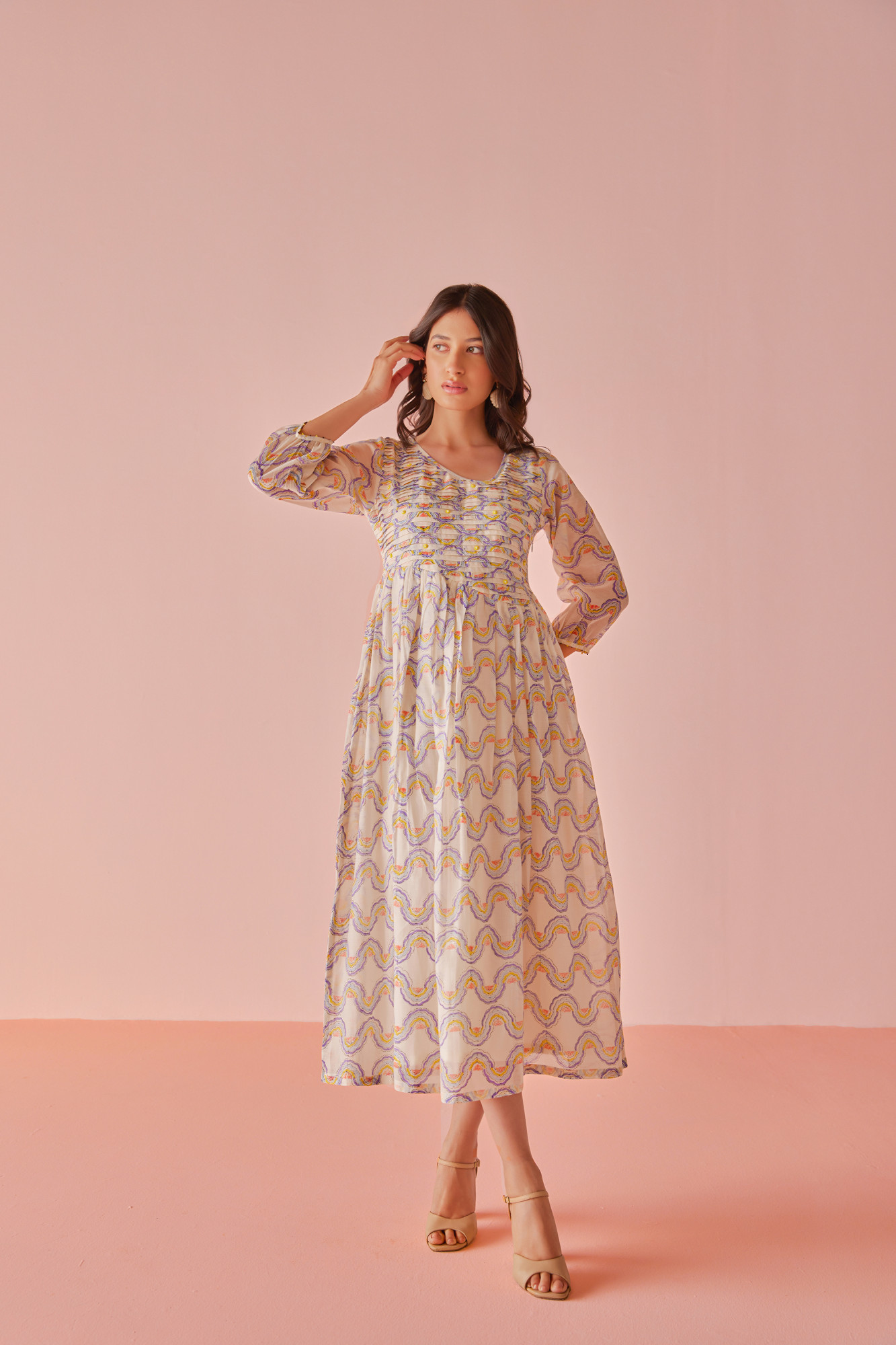 Sorbet Wave Chanderi Cotton Block Printed Dress
